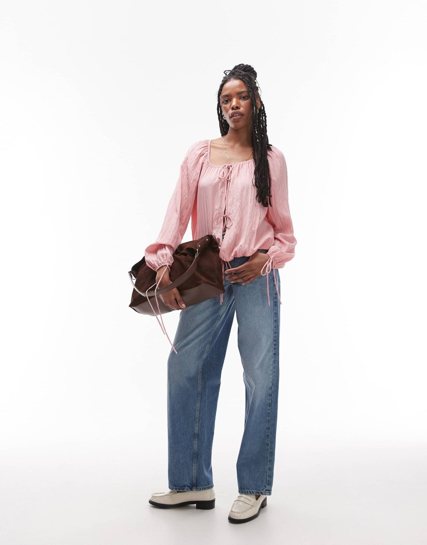 Topshop ruched neck tie front top in pink - ASOS Sample Sale