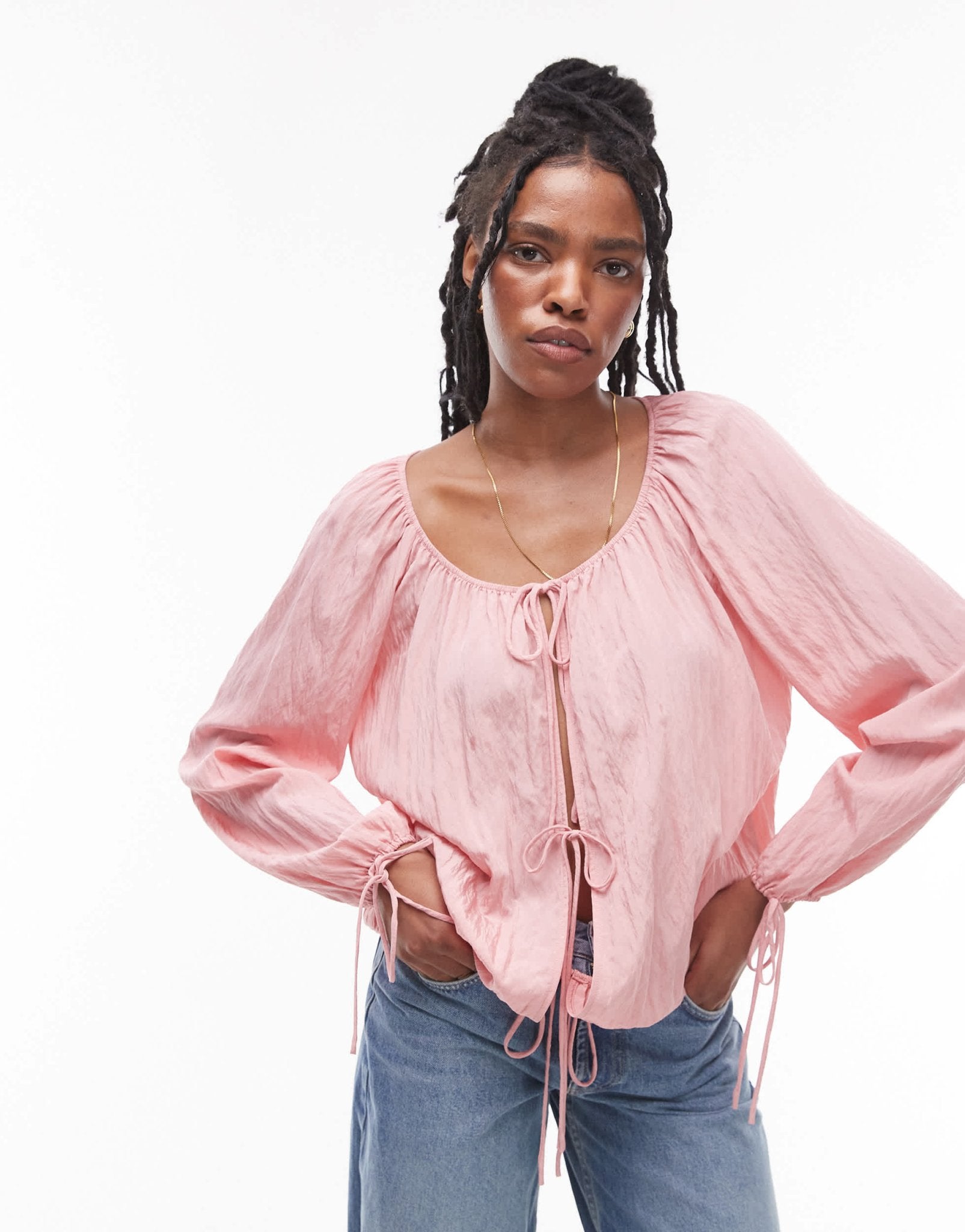 Topshop ruched neck tie front top in pink - ASOS Sample Sale