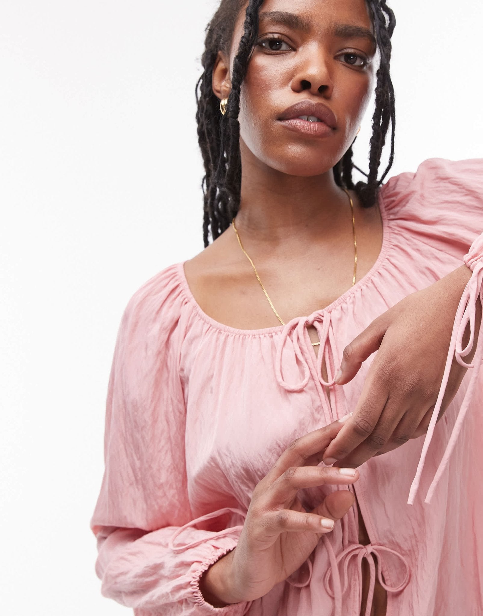 Topshop ruched neck tie front top in pink - ASOS Sample Sale