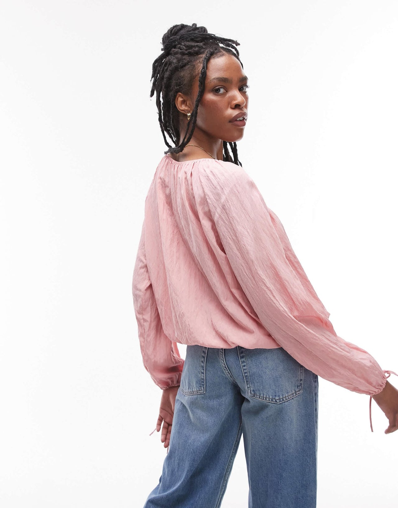 Topshop ruched neck tie front top in pink - ASOS Sample Sale