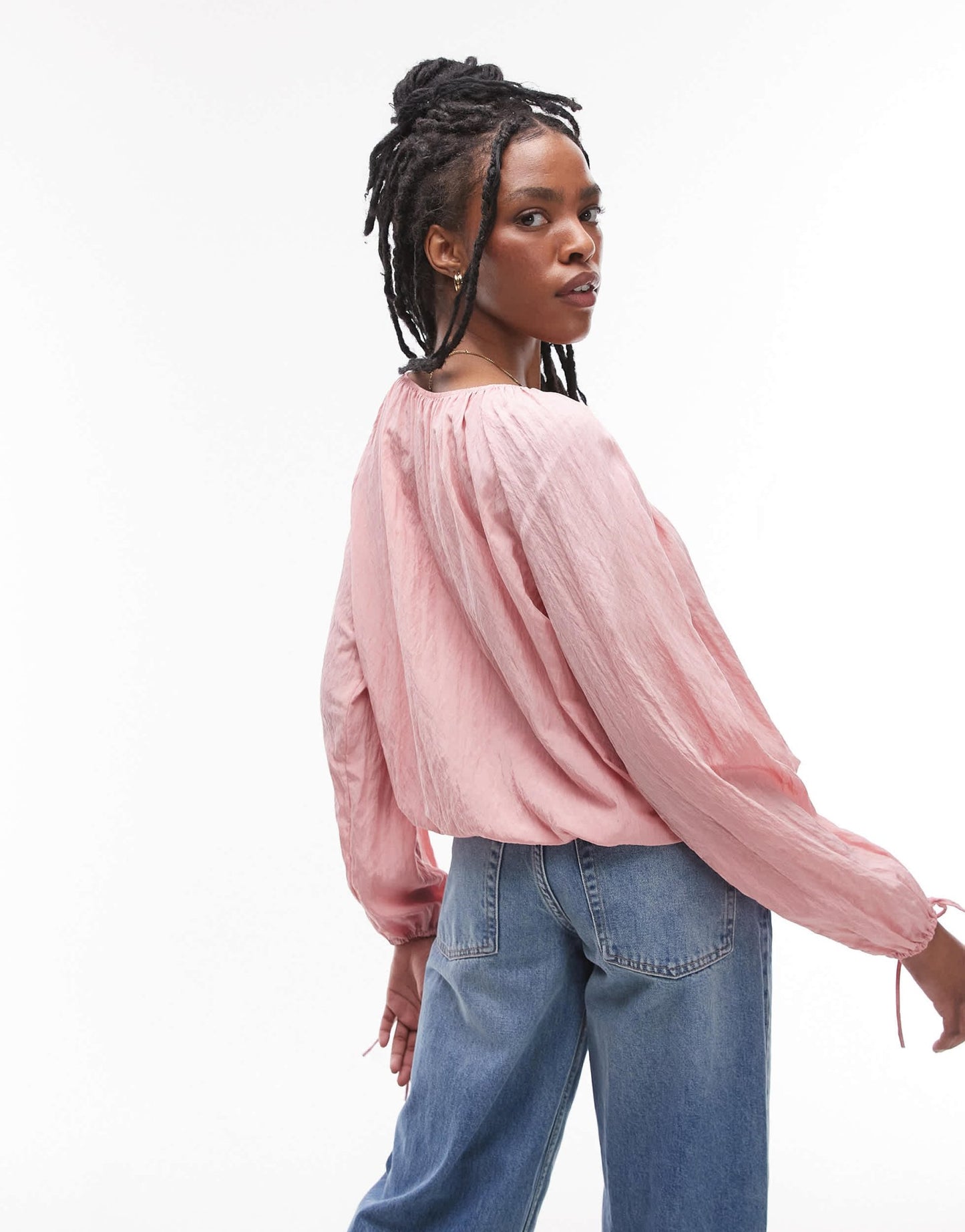 Topshop ruched neck tie front top in pink - ASOS Sample Sale