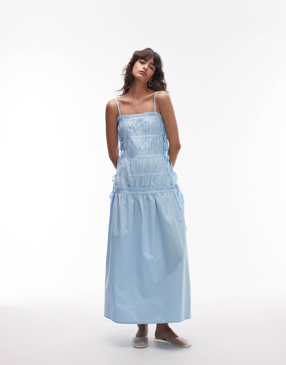 Topshop ruched panel midi dress with tie sides in sky blue - ASOS Sample Sale