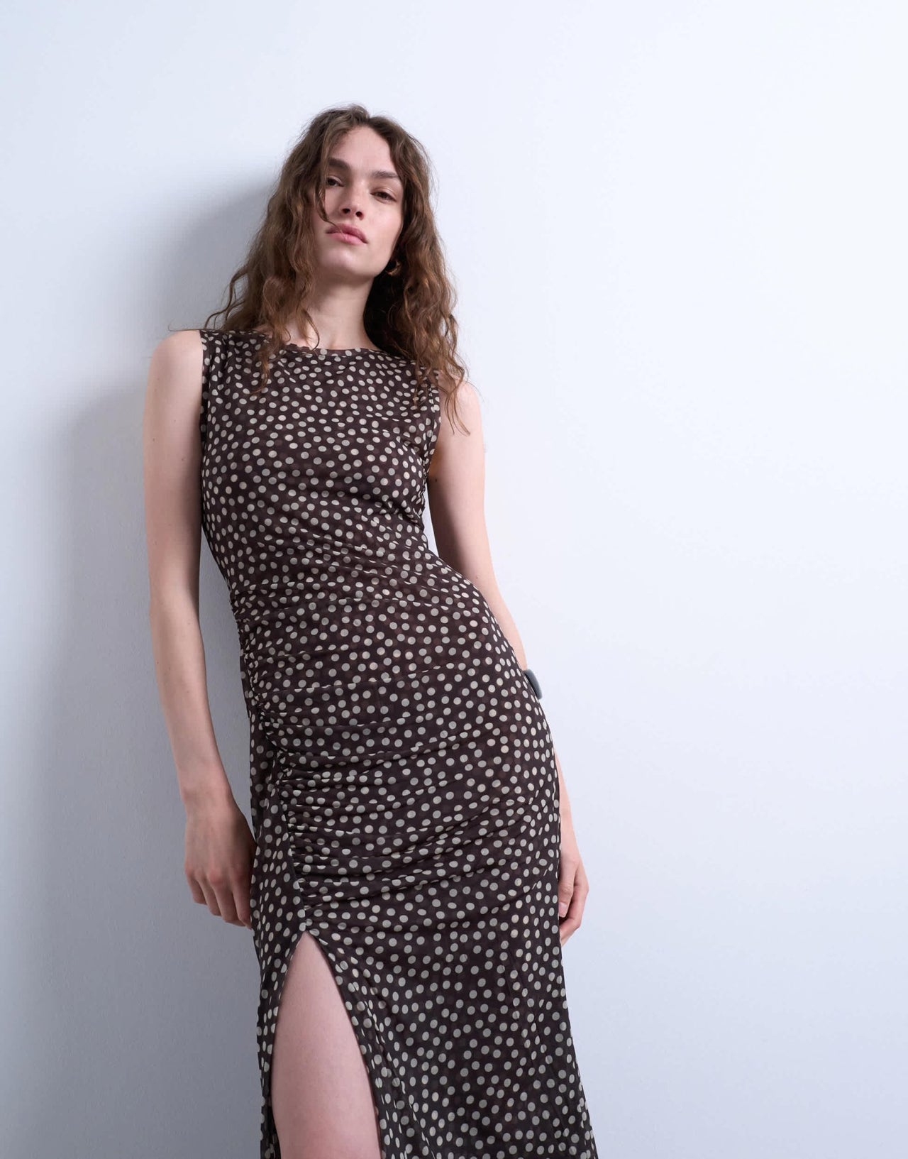 Topshop ruched polkadot maxi dress in brown - ASOS Sample Sale
