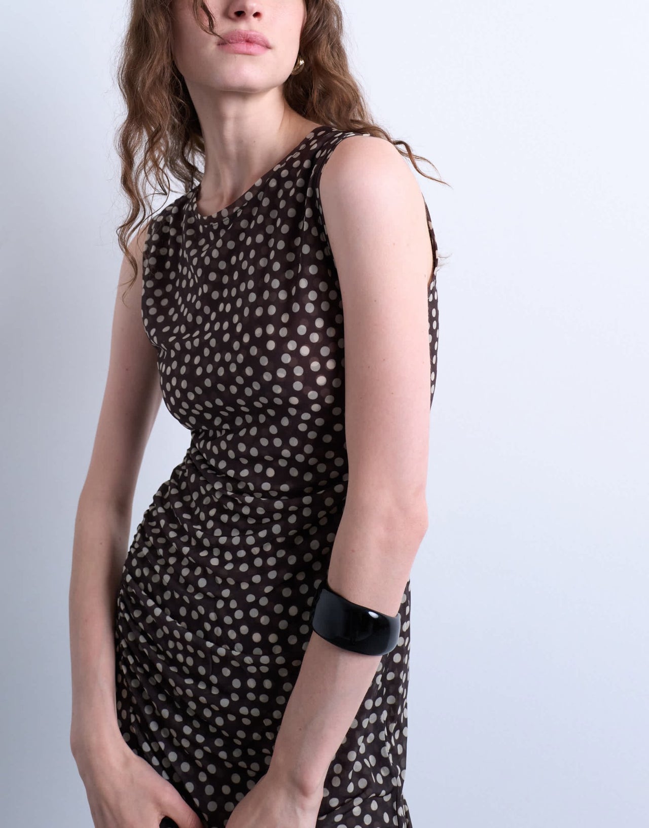 Topshop ruched polkadot maxi dress in brown - ASOS Sample Sale