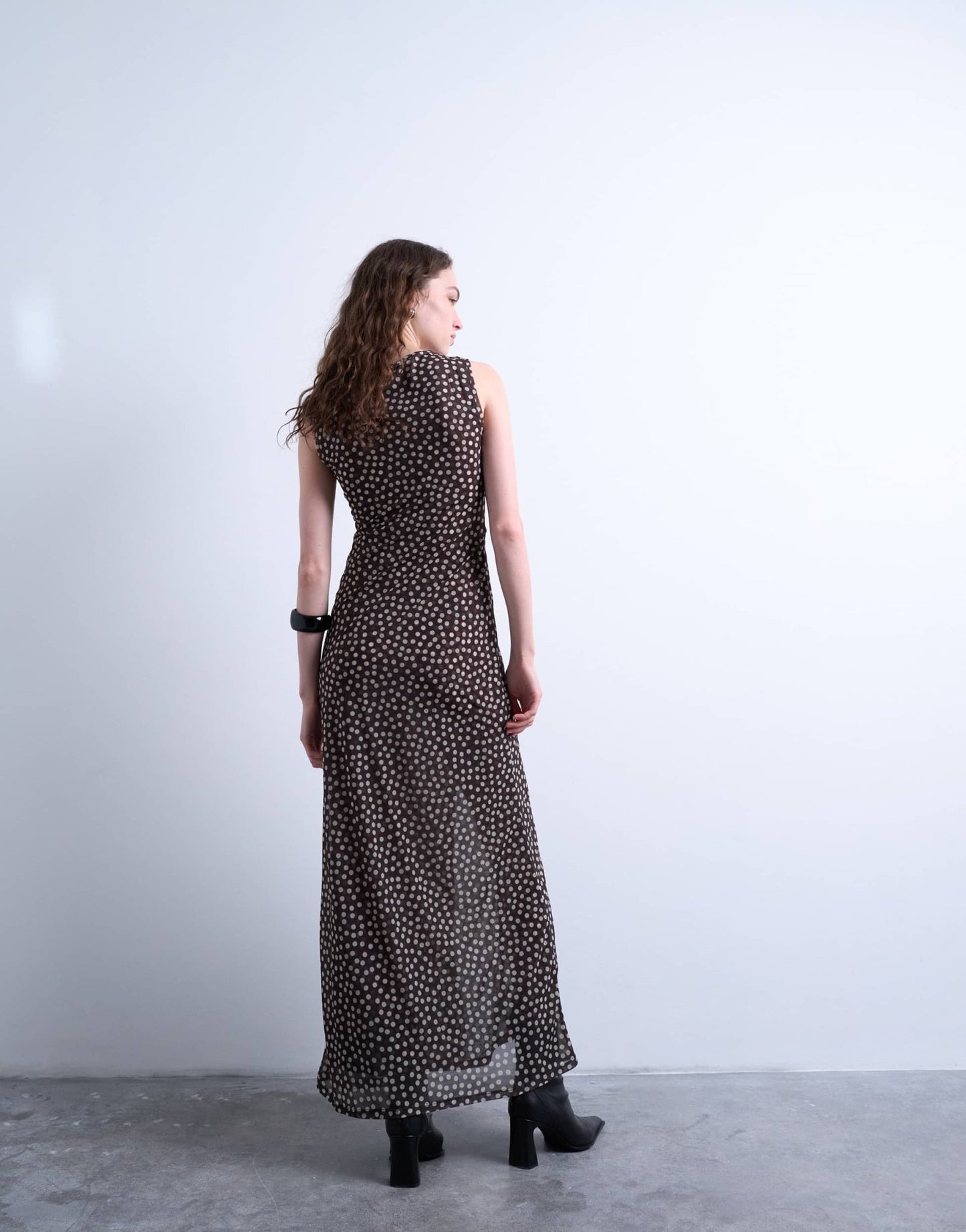 Topshop ruched polkadot maxi dress in brown - ASOS Sample Sale