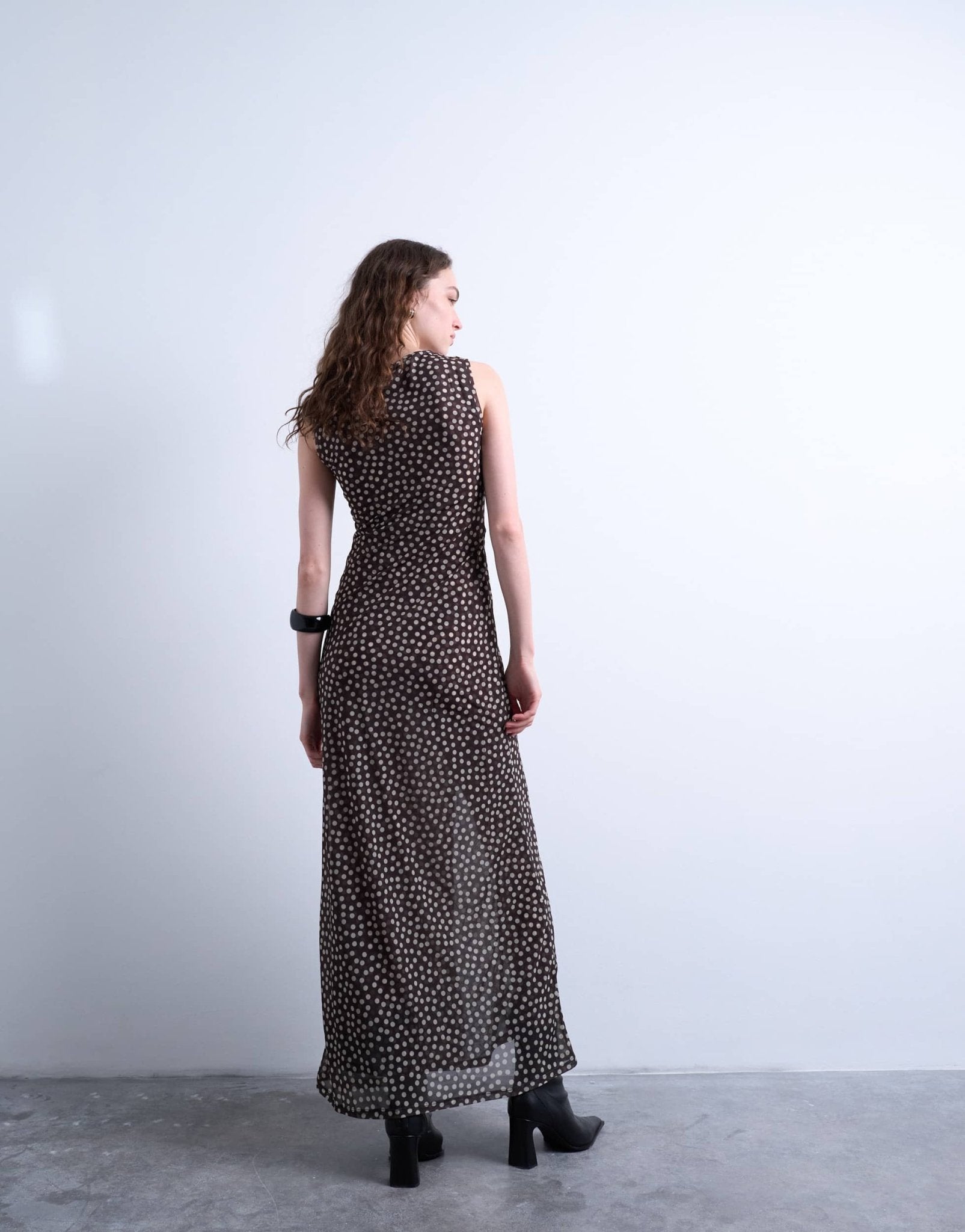 Topshop ruched polkadot maxi dress in brown - ASOS Sample Sale