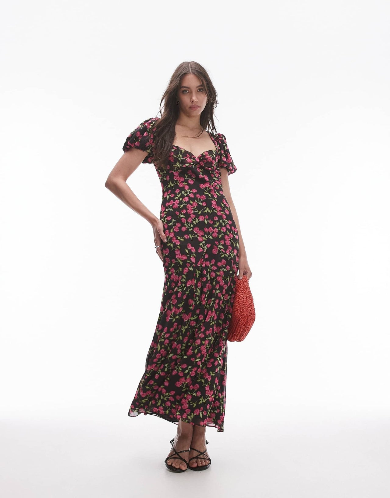 Topshop ruched sleeve occasion dress in red floral print - ASOS Sample Sale