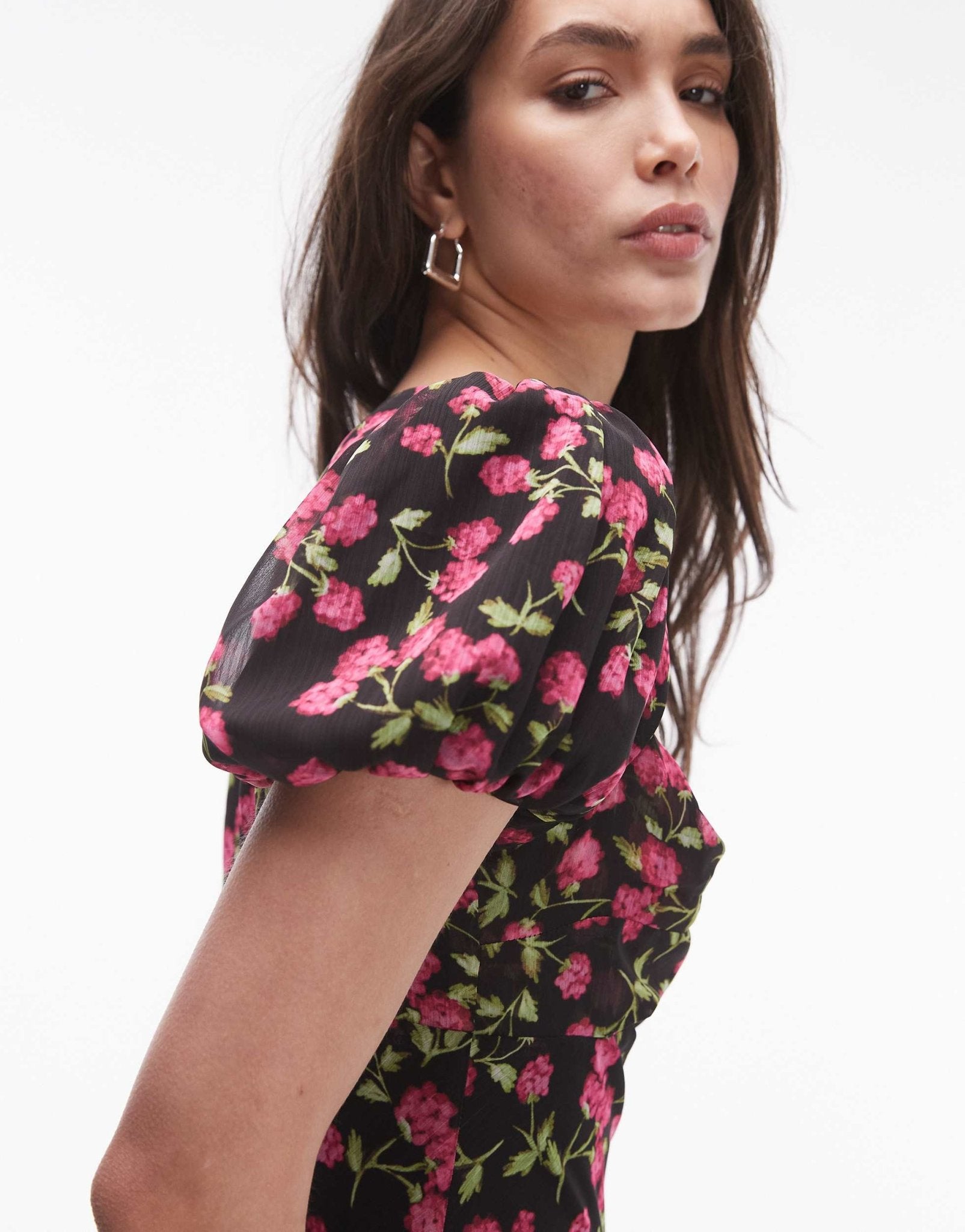 Topshop ruched sleeve occasion dress in red floral print - ASOS Sample Sale