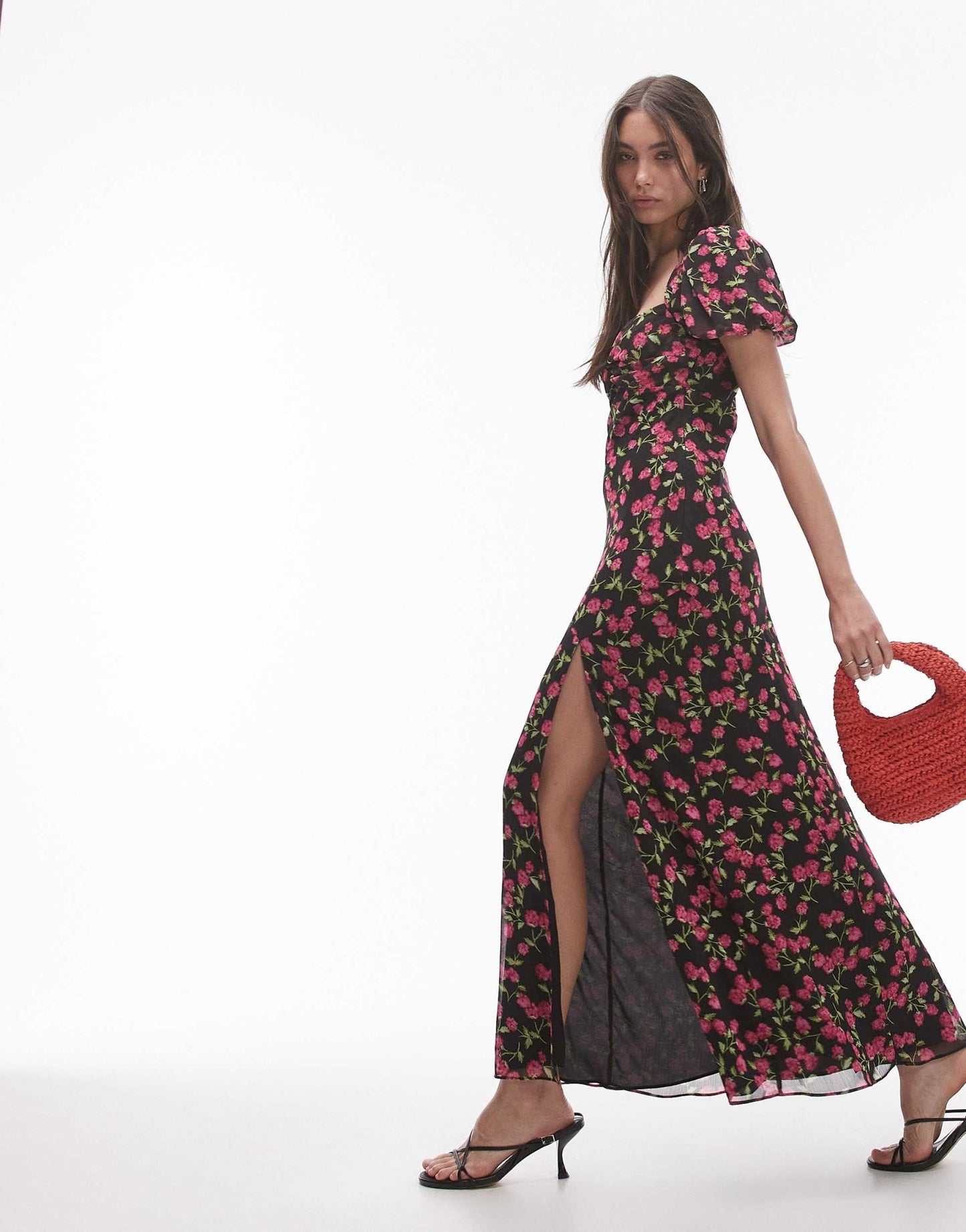 Topshop ruched sleeve occasion dress in red floral print - ASOS Sample Sale