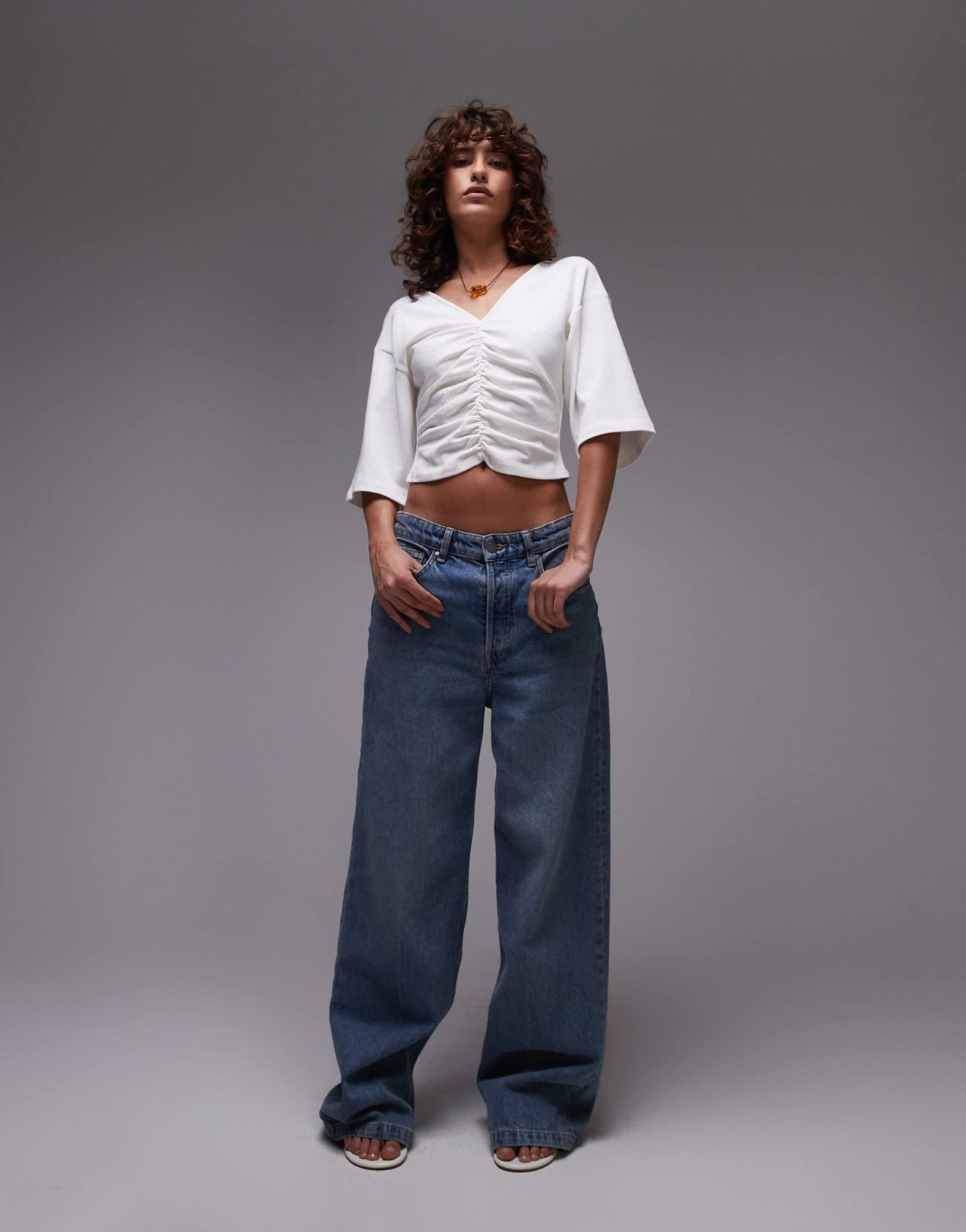 Topshop ruched v-neck short sleeve top in ivory - ASOS Sample Sale