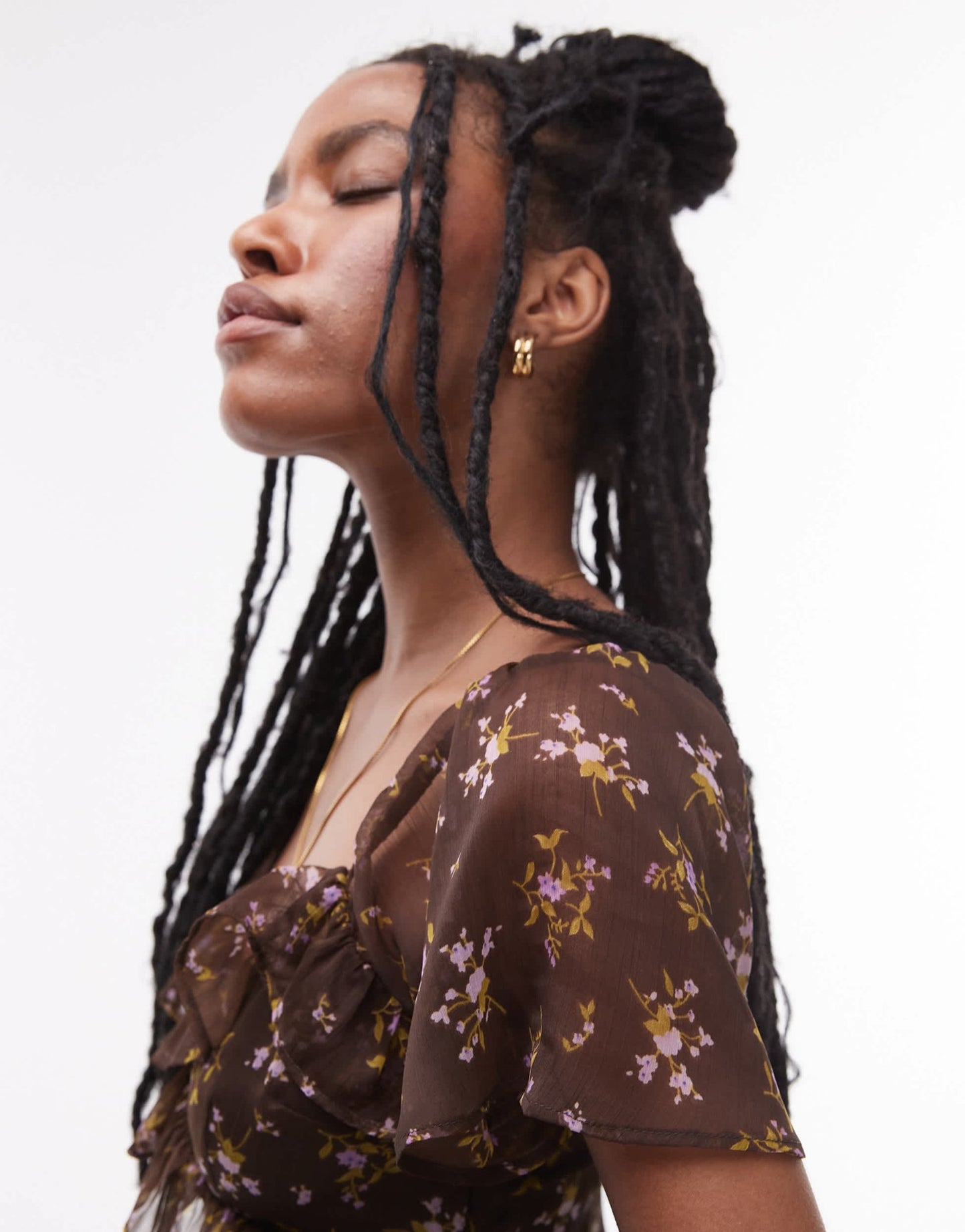 Topshop ruffle detail tea dress in brown floral - ASOS Sample Sale