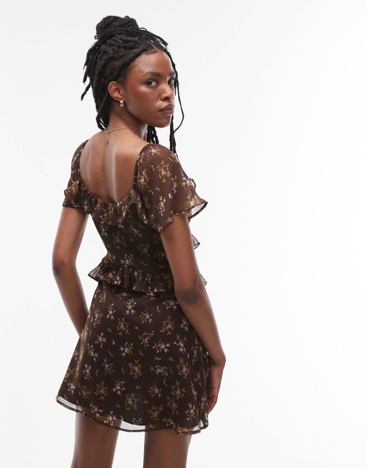 Topshop ruffle detail tea dress in brown floral - ASOS Sample Sale