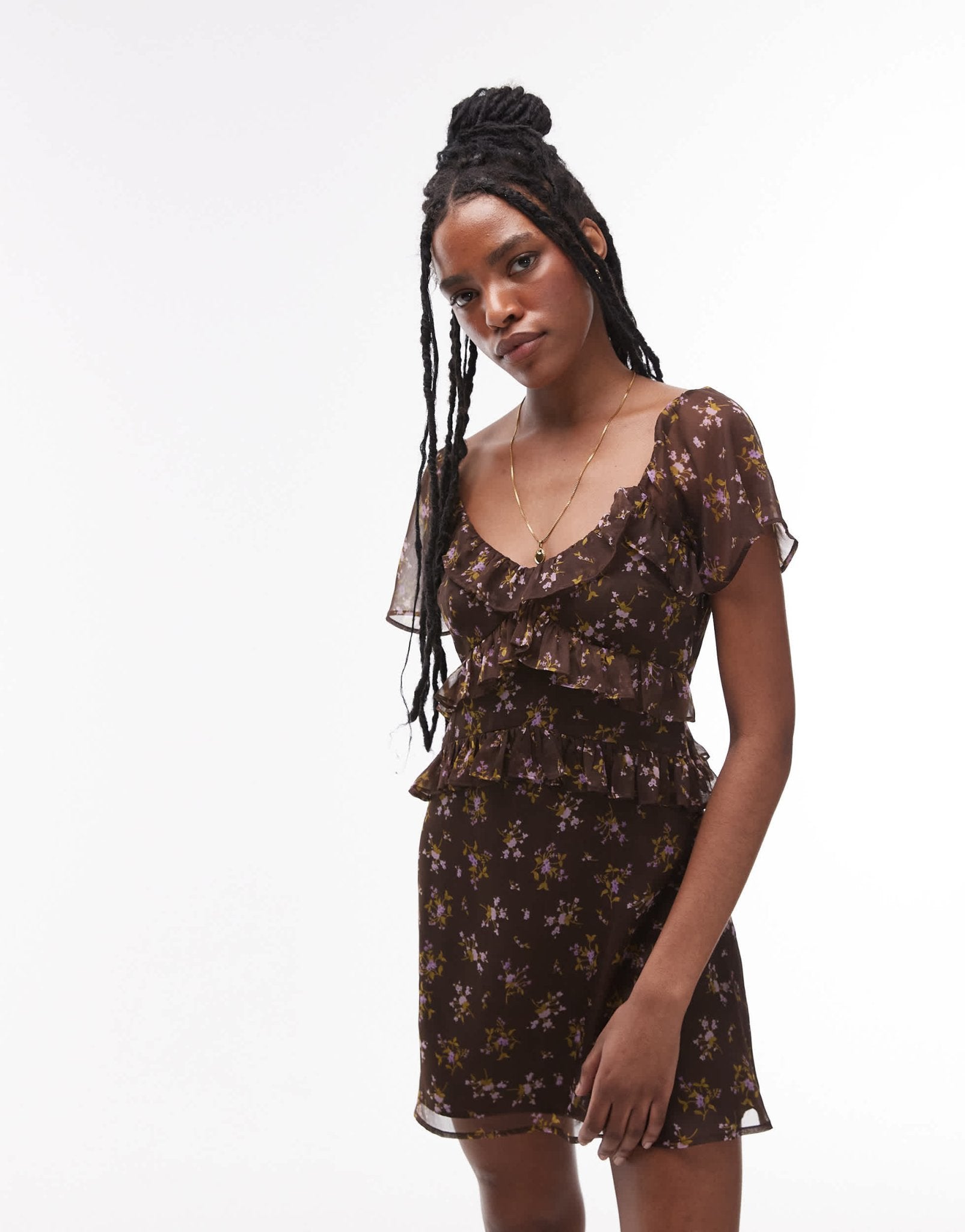 Topshop ruffle detail tea dress in brown floral - ASOS Sample Sale