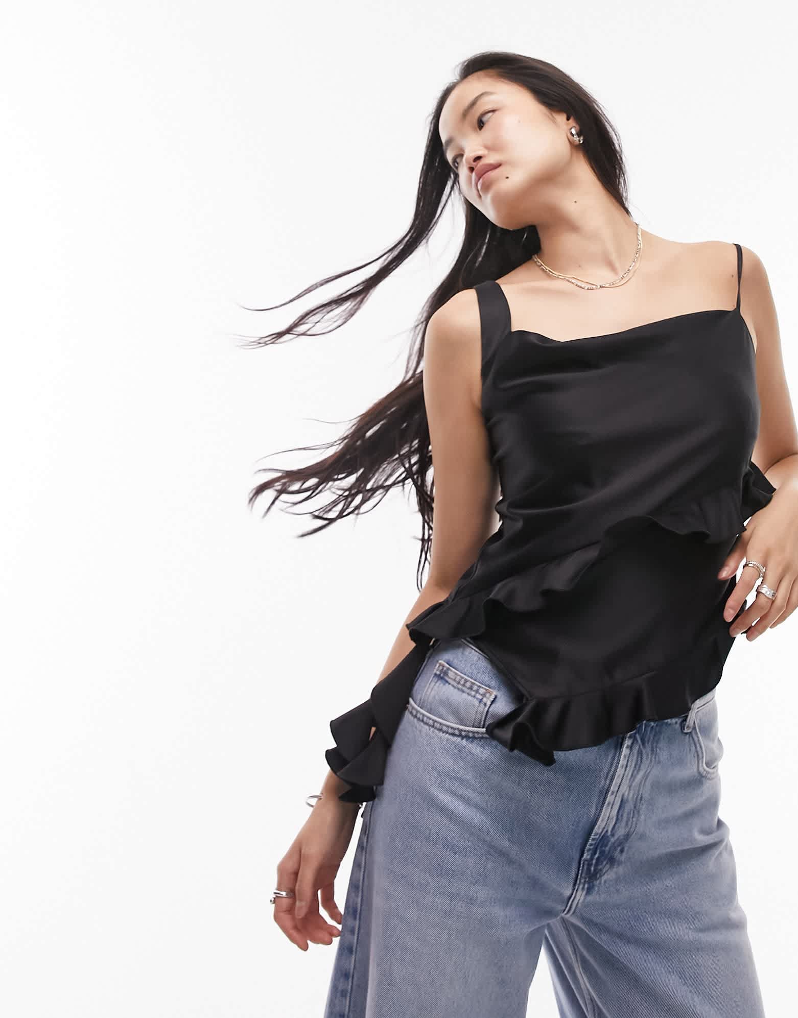 Topshop ruffle front cami top In black - ASOS Sample Sale