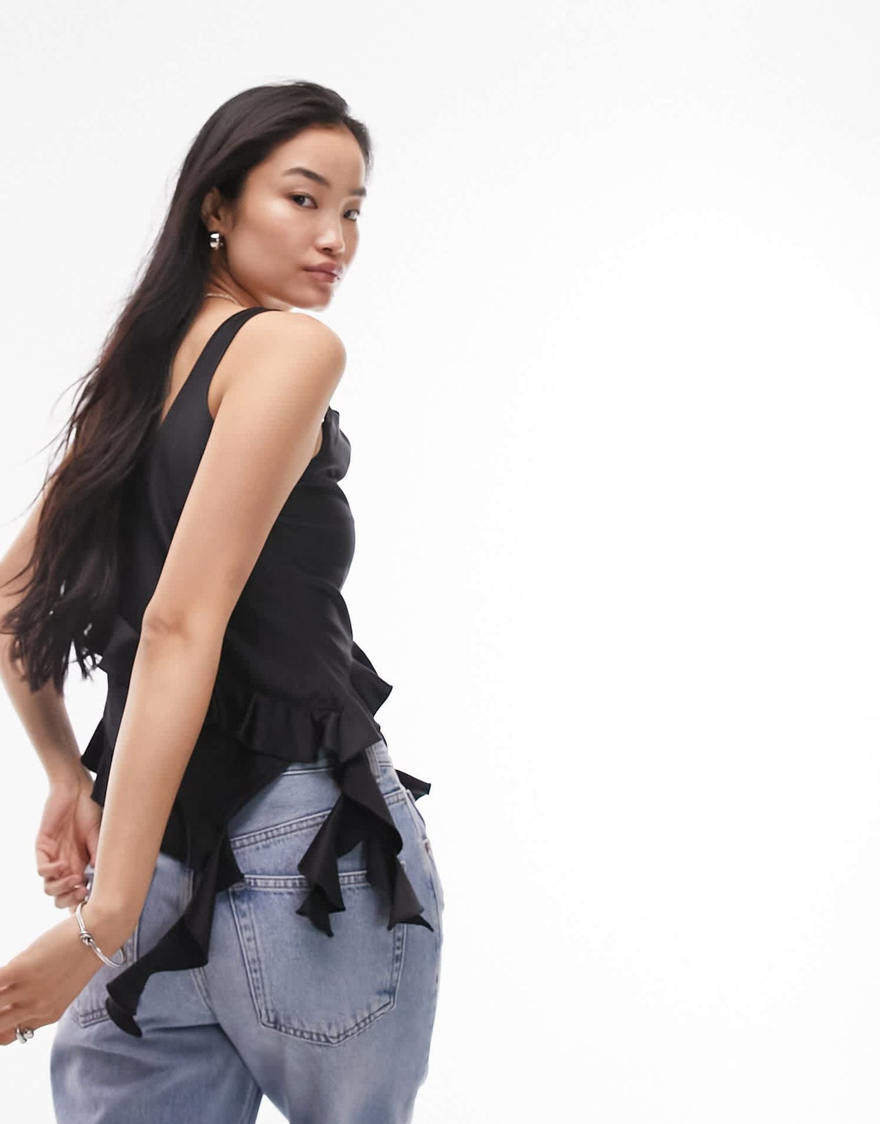 Topshop ruffle front cami top In black - ASOS Sample Sale