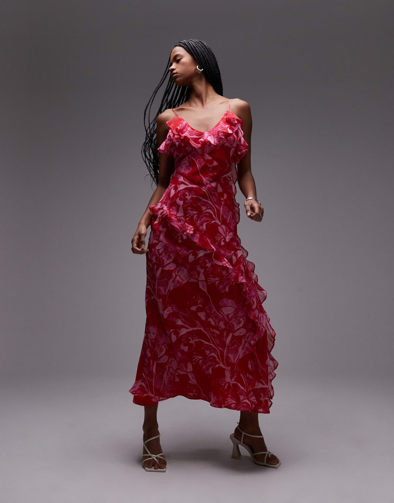 Topshop ruffle midi slip dress in pink abstract floral - ASOS Sample Sale