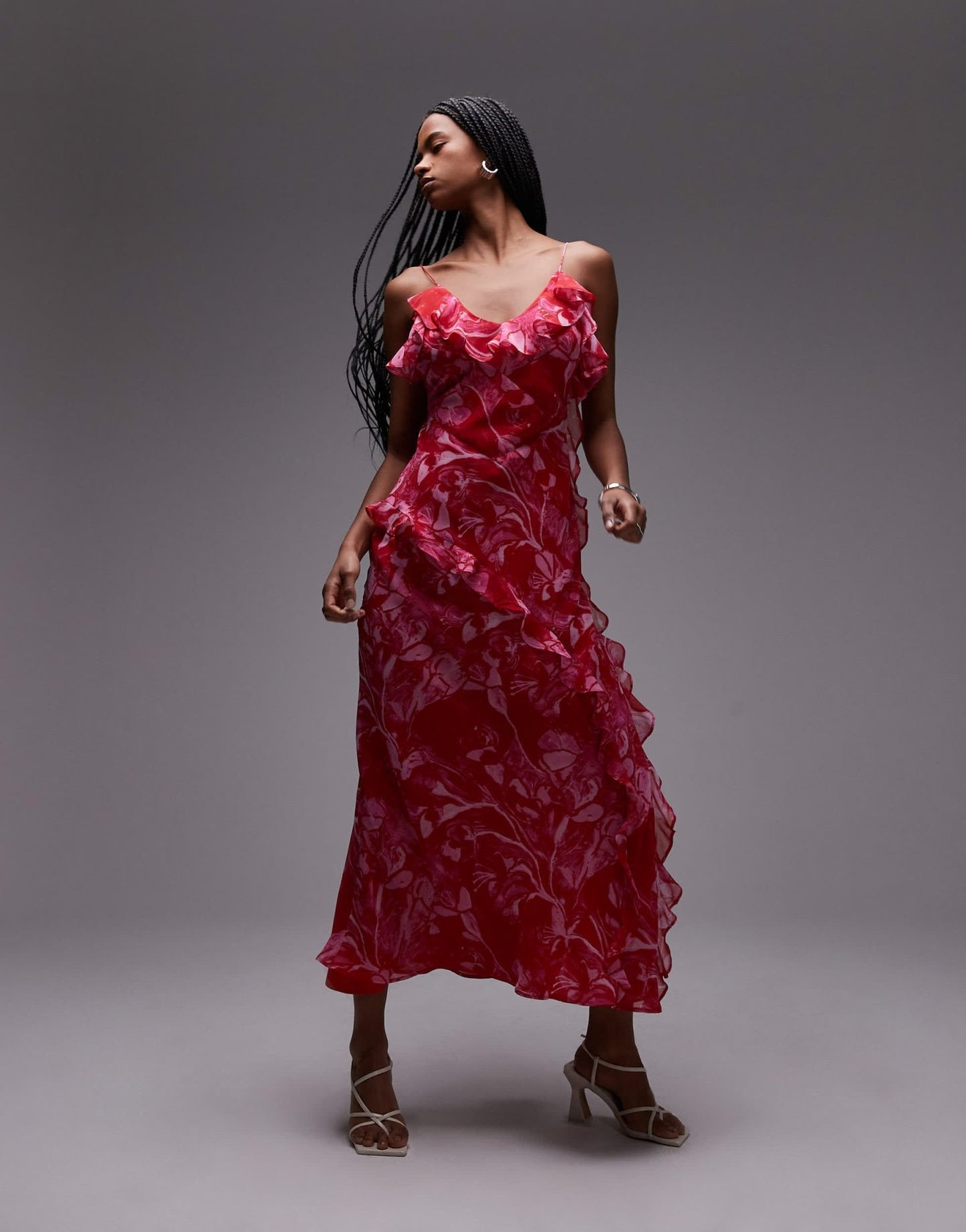 Topshop ruffle midi slip dress in pink abstract floral - ASOS Sample Sale