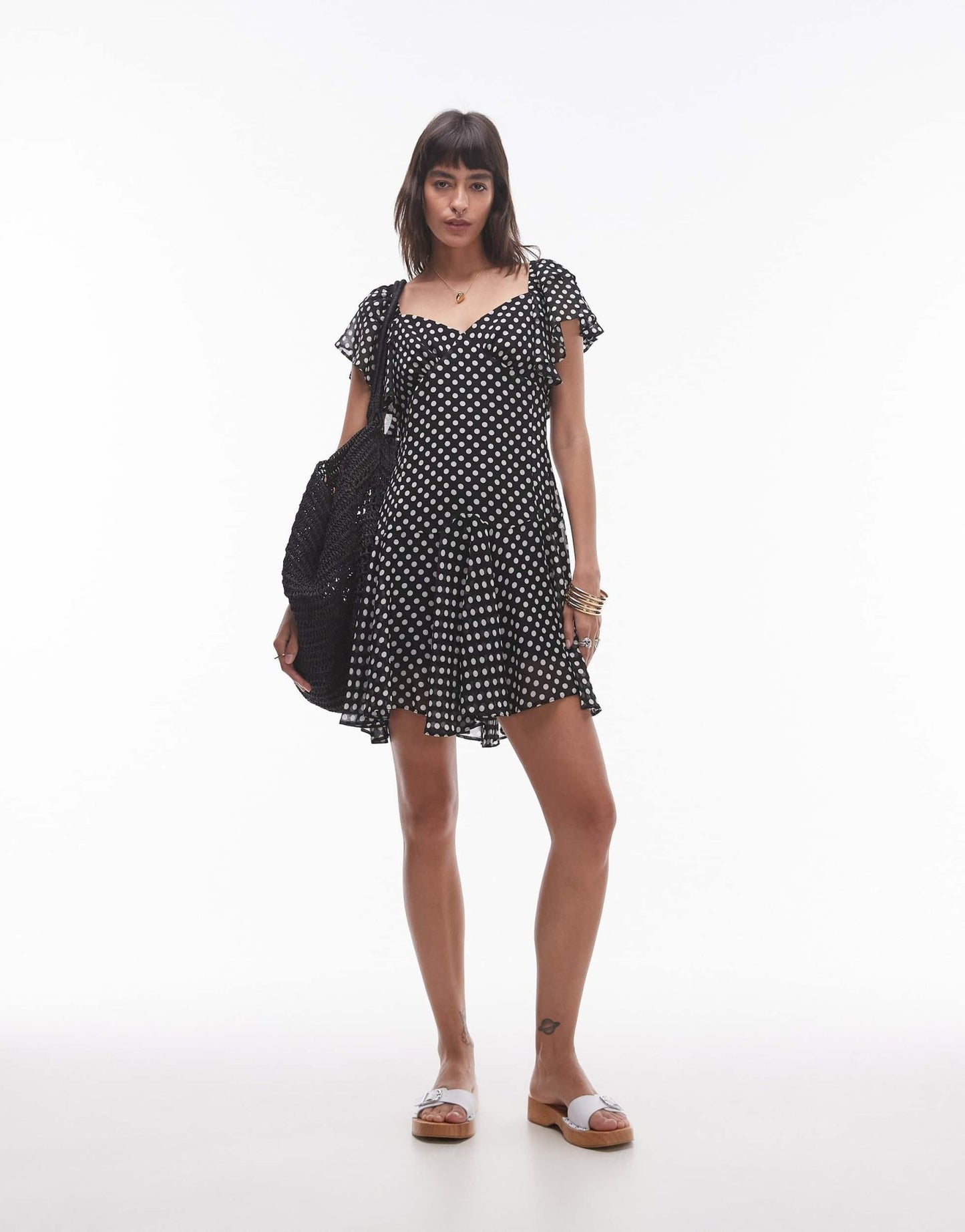 Topshop ruffle mini tea dress in mono polka dot - ASOS Sample Sale