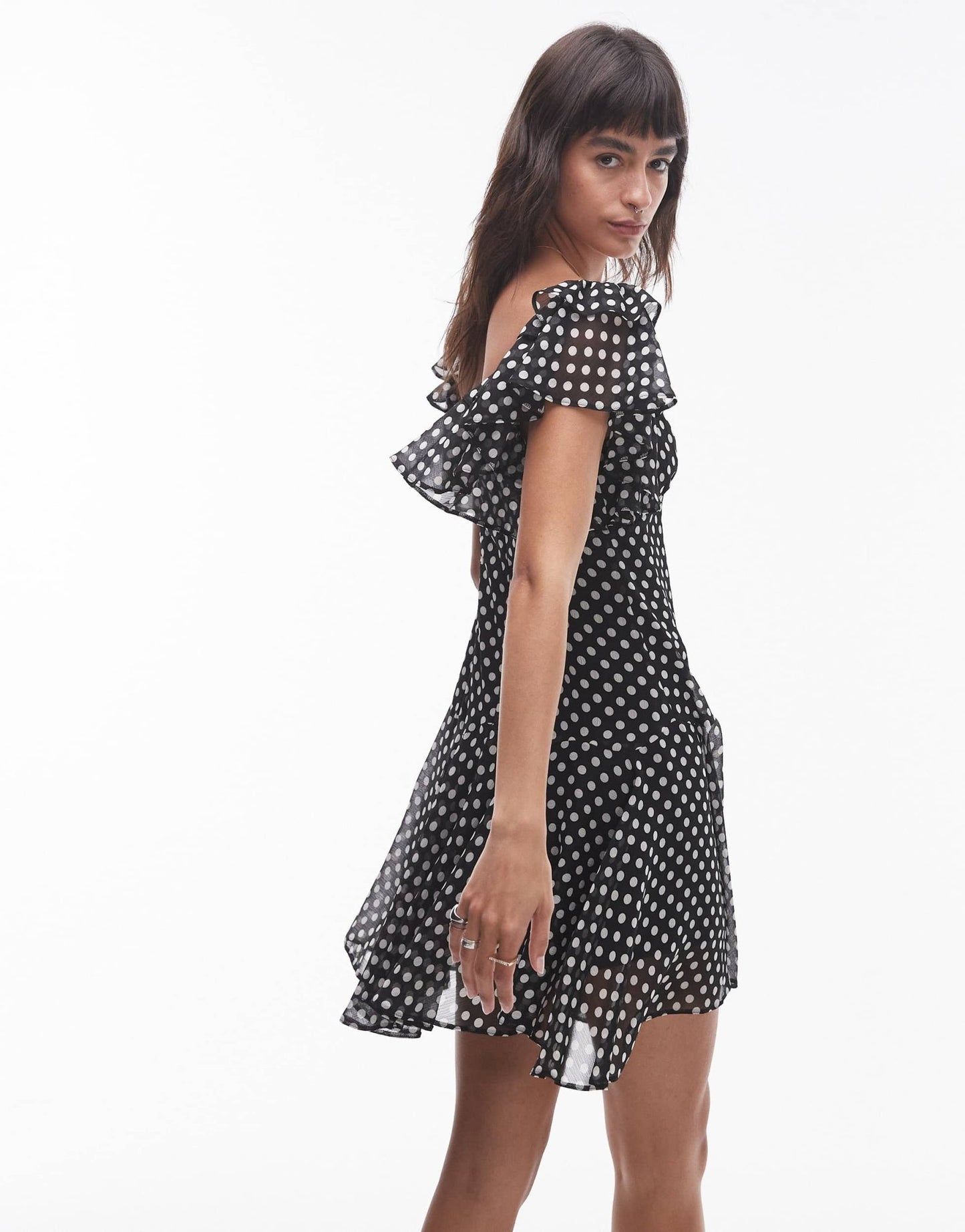 Topshop ruffle mini tea dress in mono polka dot - ASOS Sample Sale