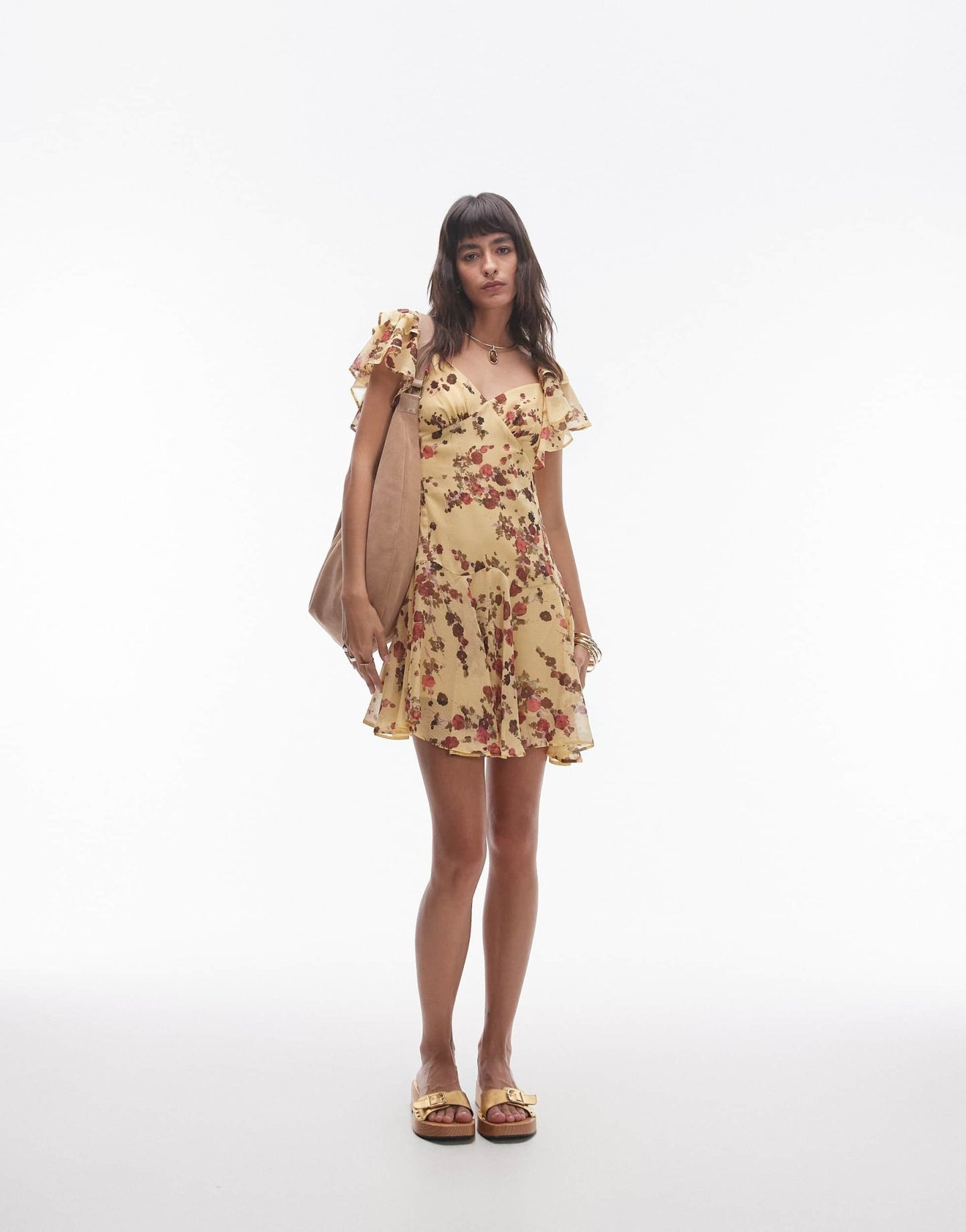 Topshop ruffle mini tea dress in yellow and pink ditsy floral print - ASOS Sample Sale
