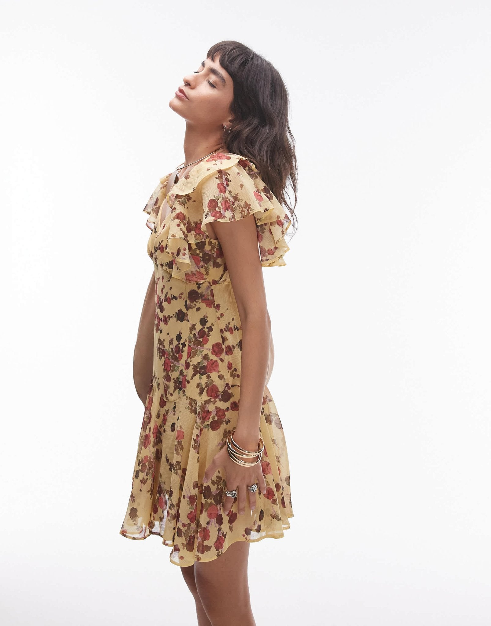 Topshop ruffle mini tea dress in yellow and pink ditsy floral print - ASOS Sample Sale