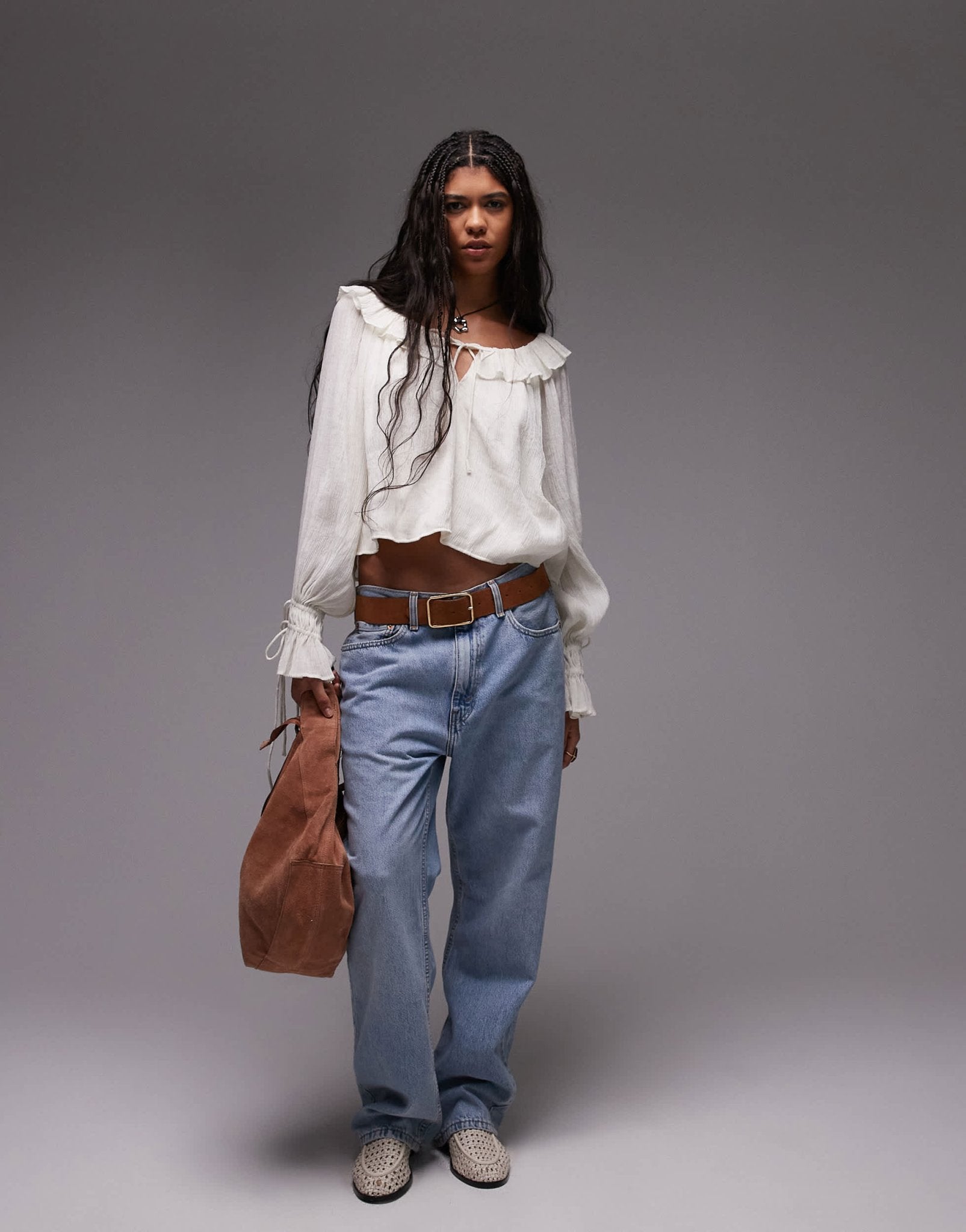 Topshop ruffle neck femme top in ivory - ASOS Sample Sale