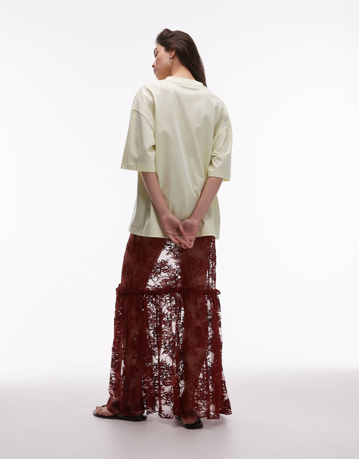 Topshop ruffle seam sheer lace maxi skirt in brown - ASOS Sample Sale