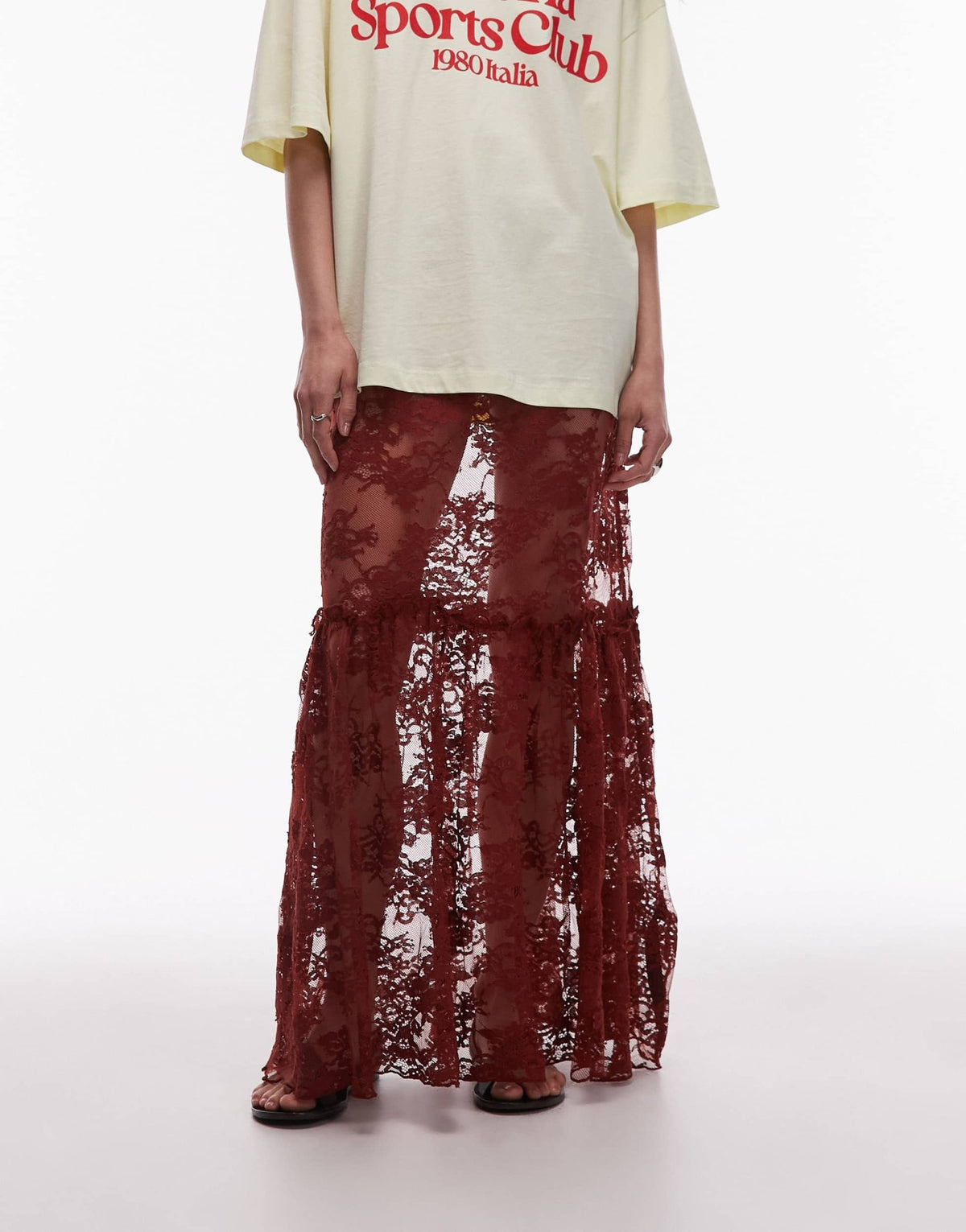 Topshop ruffle seam sheer lace maxi skirt in brown - ASOS Sample Sale