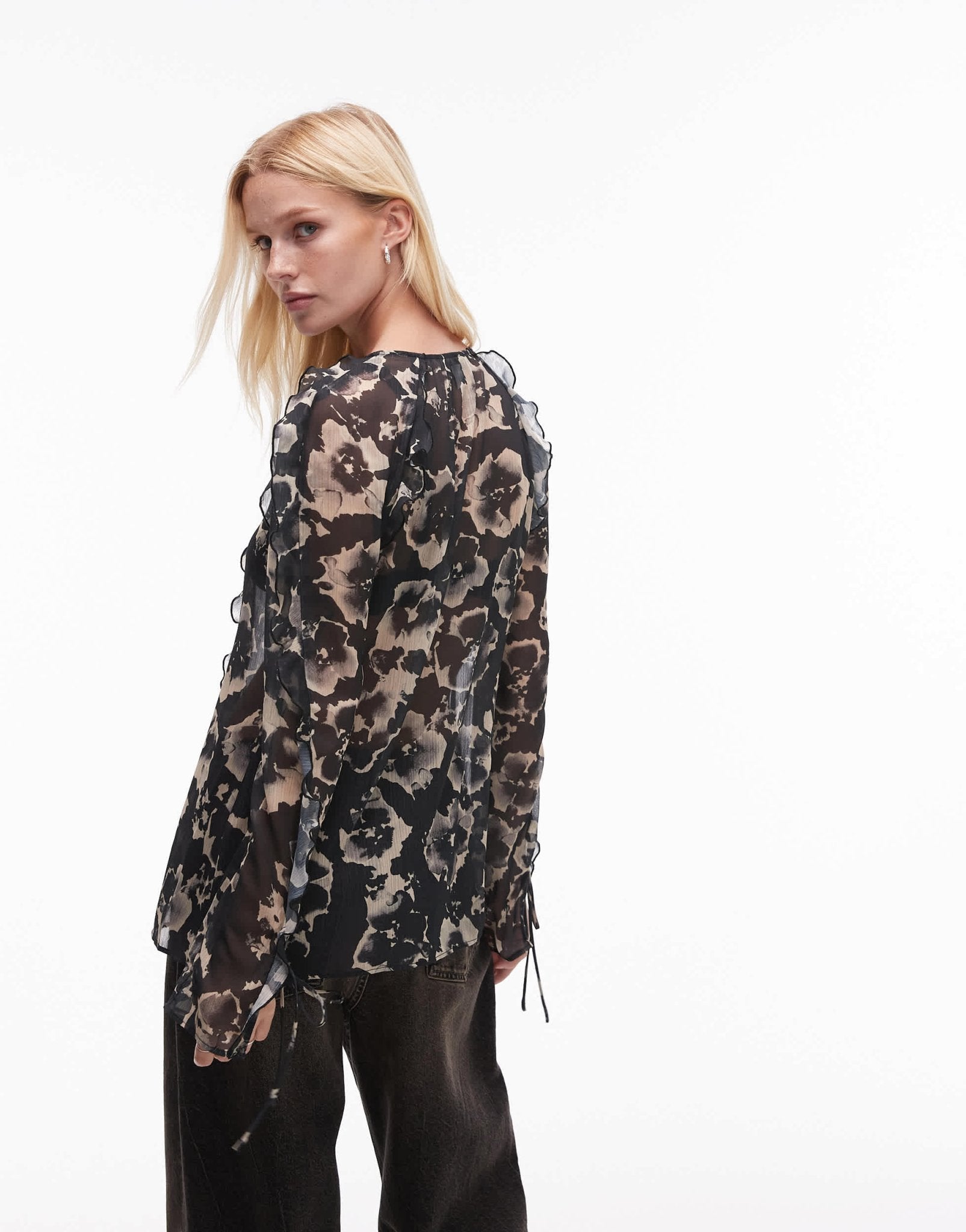 Topshop ruffle sleeve sheer tie front top in mono floral print - ASOS Sample Sale