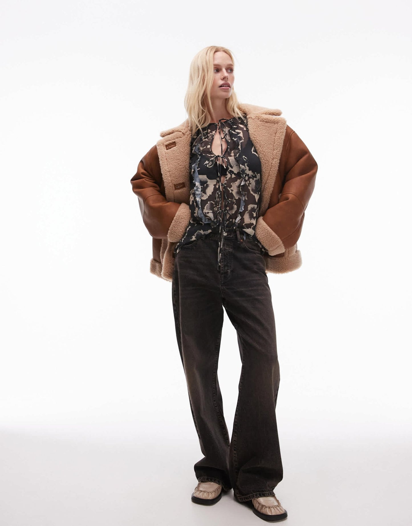 Topshop ruffle sleeve sheer tie front top in mono floral print - ASOS Sample Sale