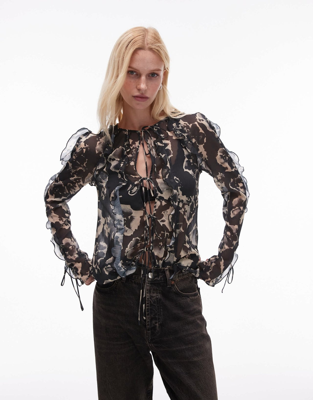 Topshop ruffle sleeve sheer tie front top in mono floral print - ASOS Sample Sale