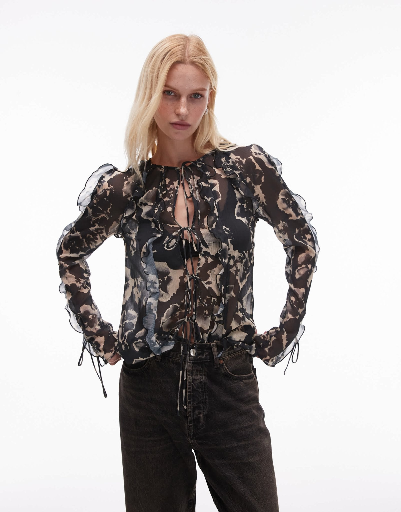 Topshop ruffle sleeve sheer tie front top in mono floral print - ASOS Sample Sale
