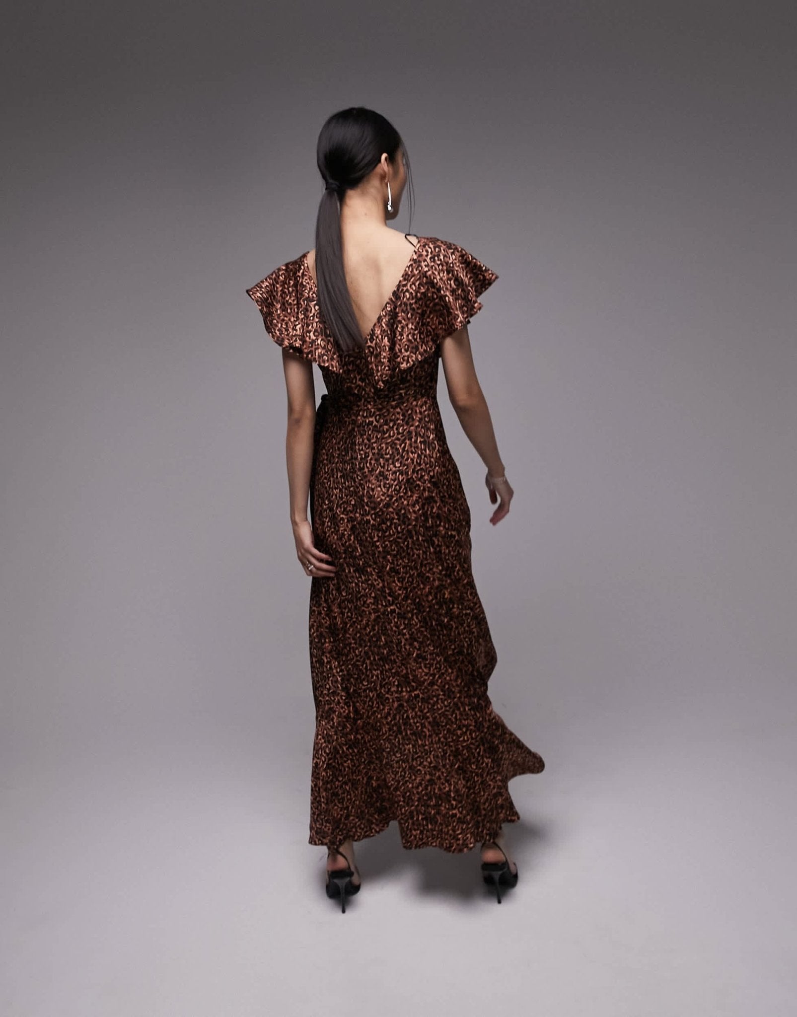 Topshop ruffle wrap midi dress in brown animal - ASOS Sample Sale