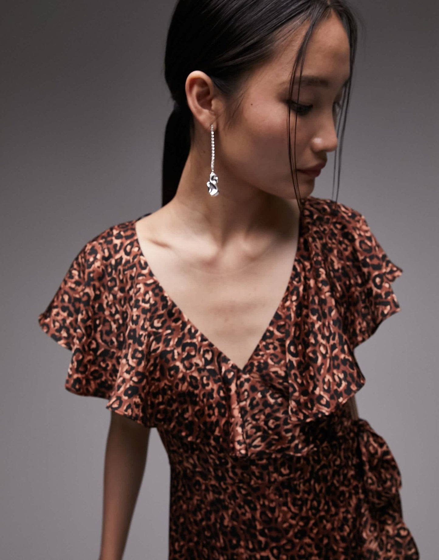 Topshop ruffle wrap midi dress in brown animal - ASOS Sample Sale