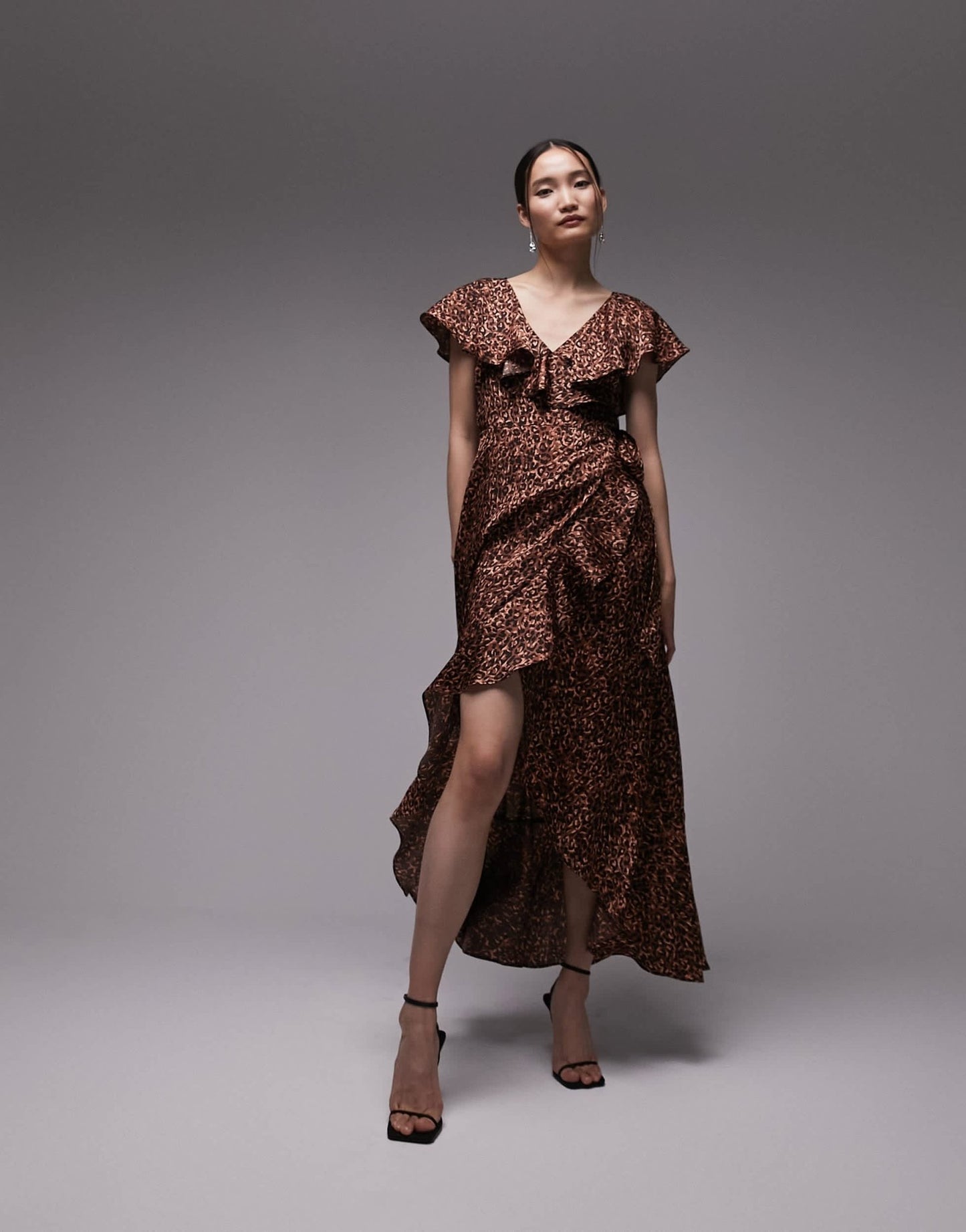 Topshop ruffle wrap midi dress in brown animal - ASOS Sample Sale