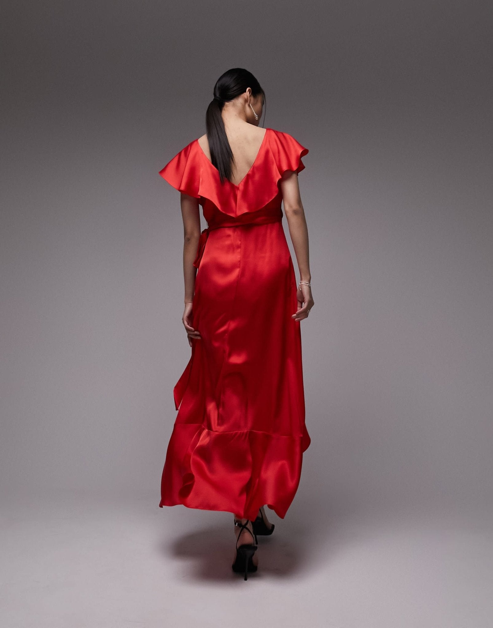 Topshop ruffle wrap midi dress in dark red - ASOS Sample Sale