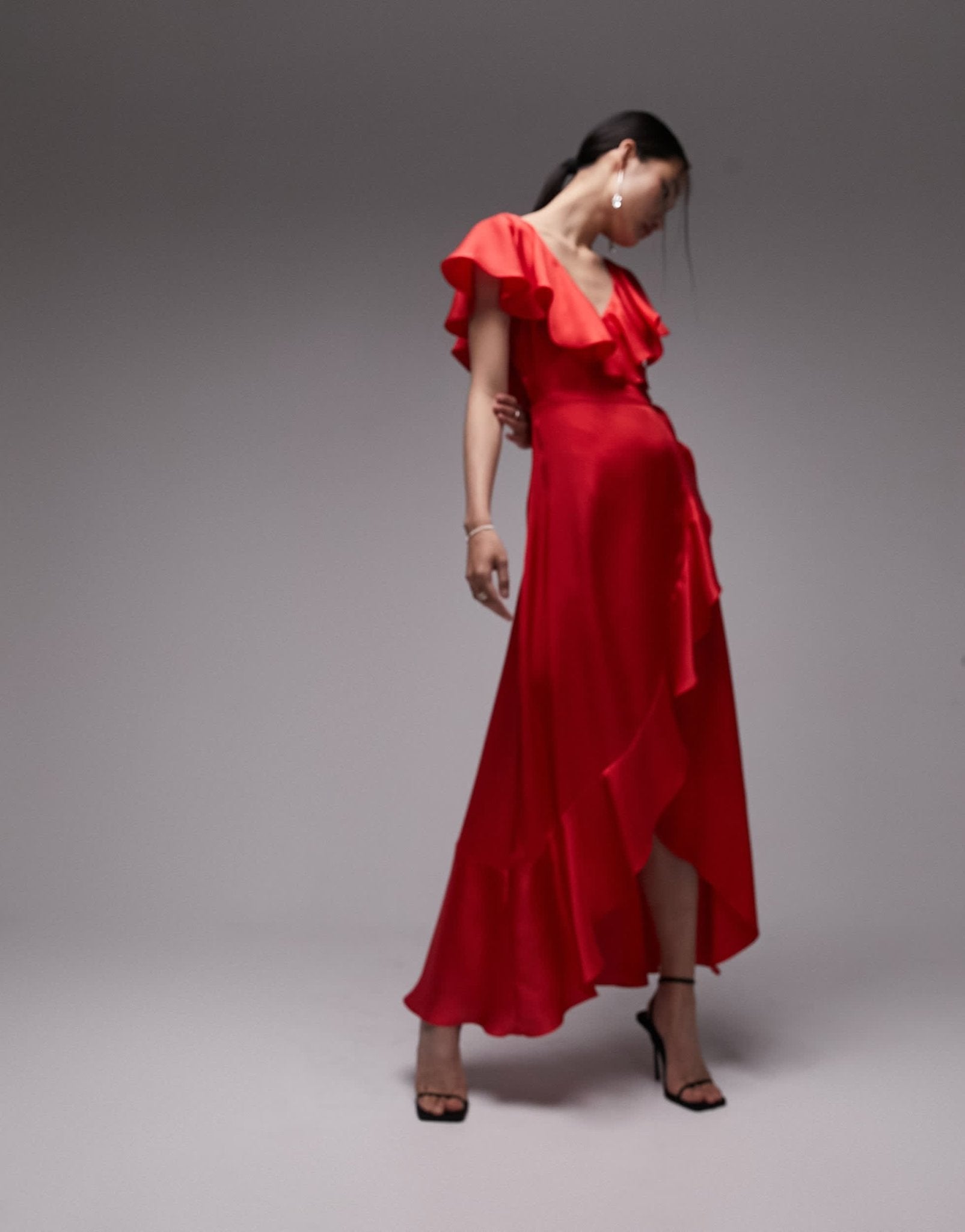 Topshop ruffle wrap midi dress in dark red - ASOS Sample Sale
