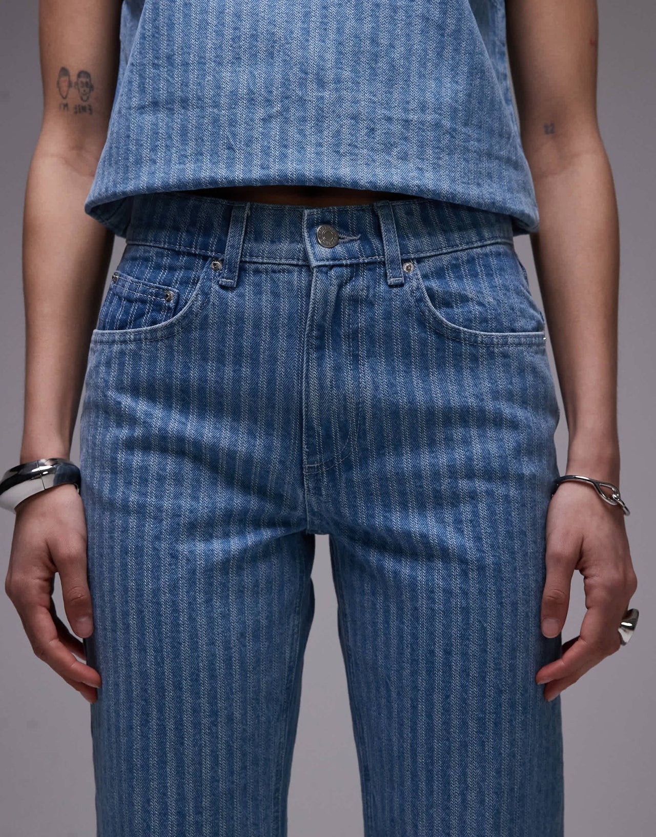 Topshop Runway mid rise straight cropped jean in bleach stripe - ASOS Sample Sale