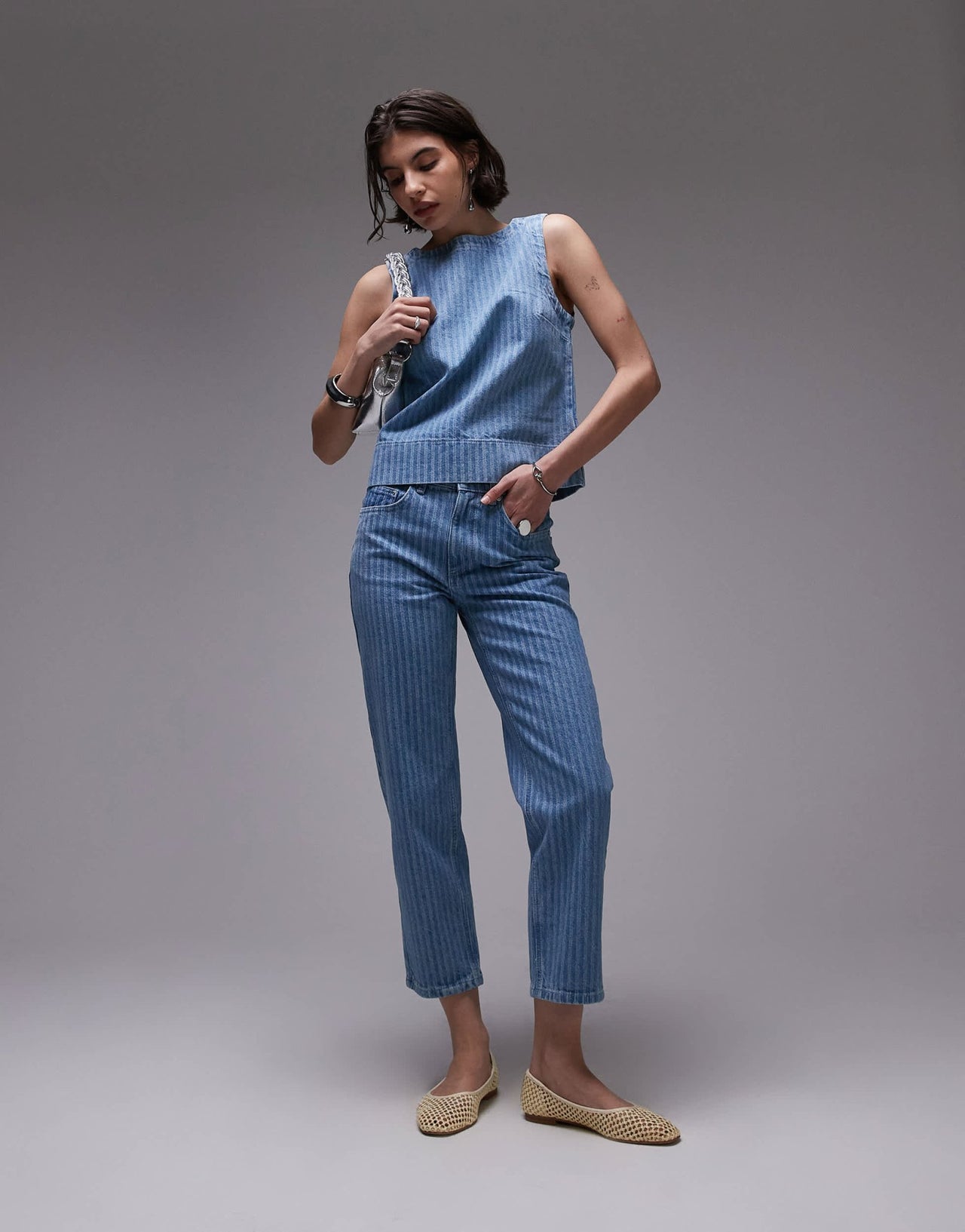 Topshop Runway mid rise straight cropped jean in bleach stripe - ASOS Sample Sale