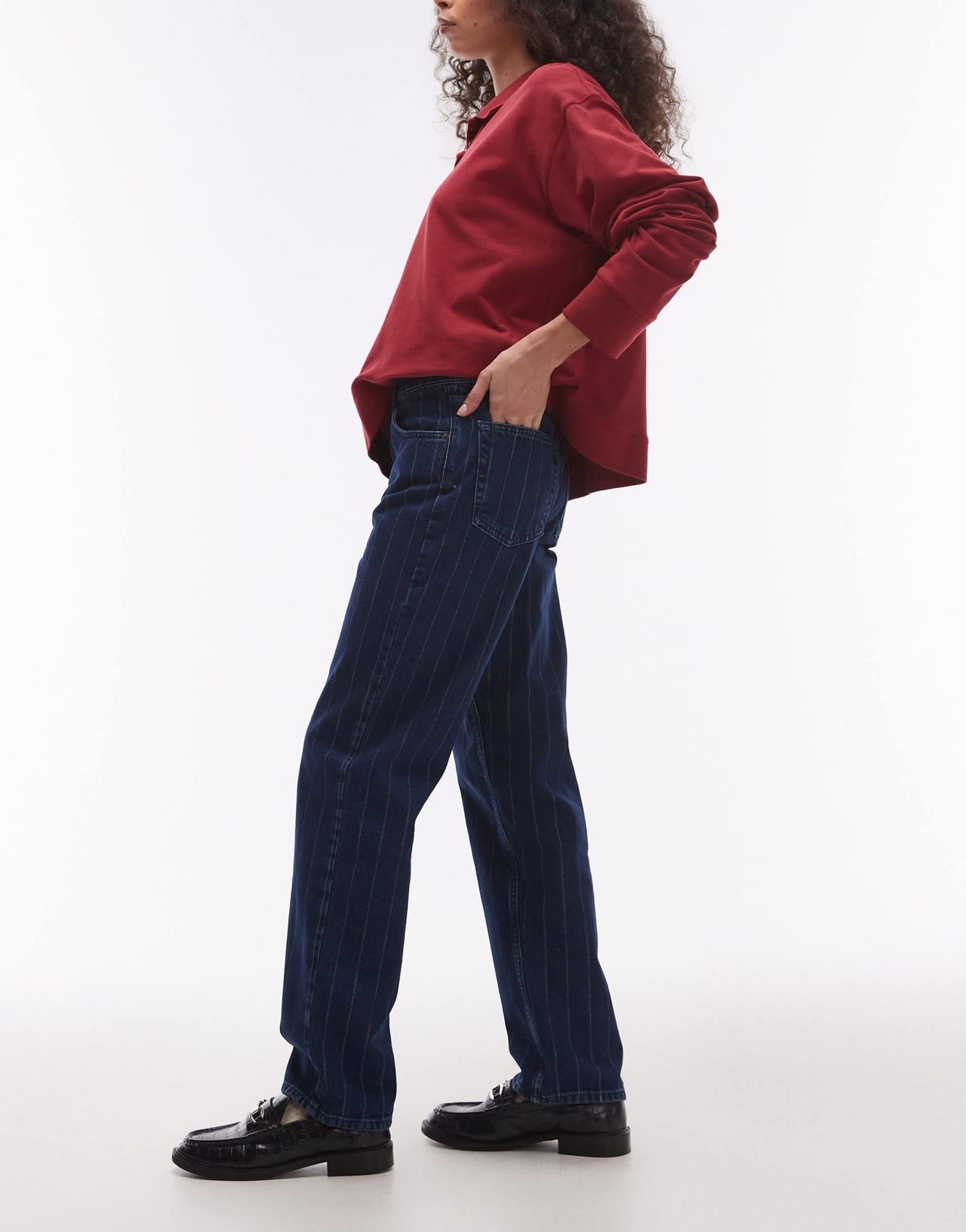 Topshop Runway mid rise straight jean in blue pinstripe - ASOS Sample Sale