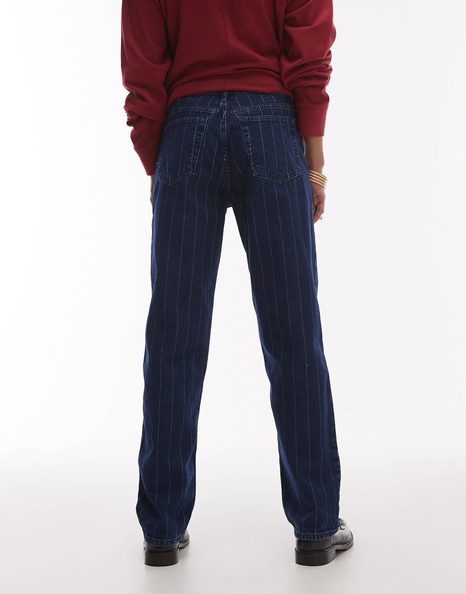 Topshop Runway mid rise straight jean in blue pinstripe - ASOS Sample Sale