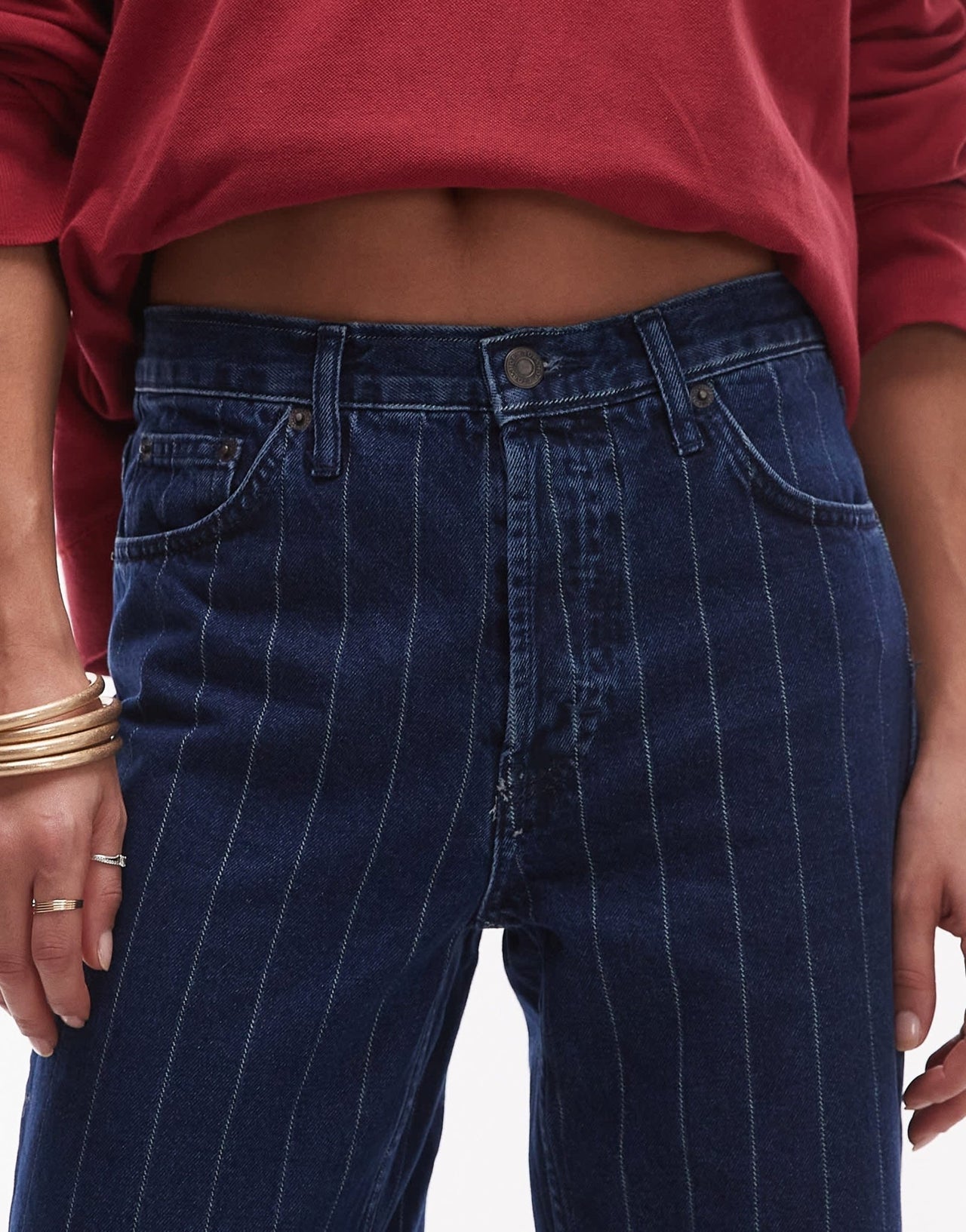 Topshop Runway mid rise straight jean in blue pinstripe - ASOS Sample Sale