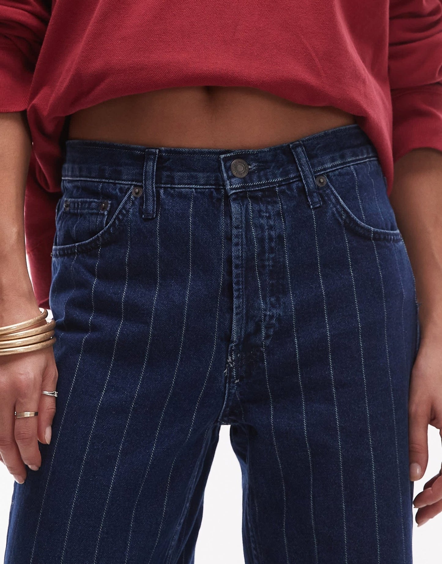 Topshop Runway mid rise straight jean in blue pinstripe - ASOS Sample Sale