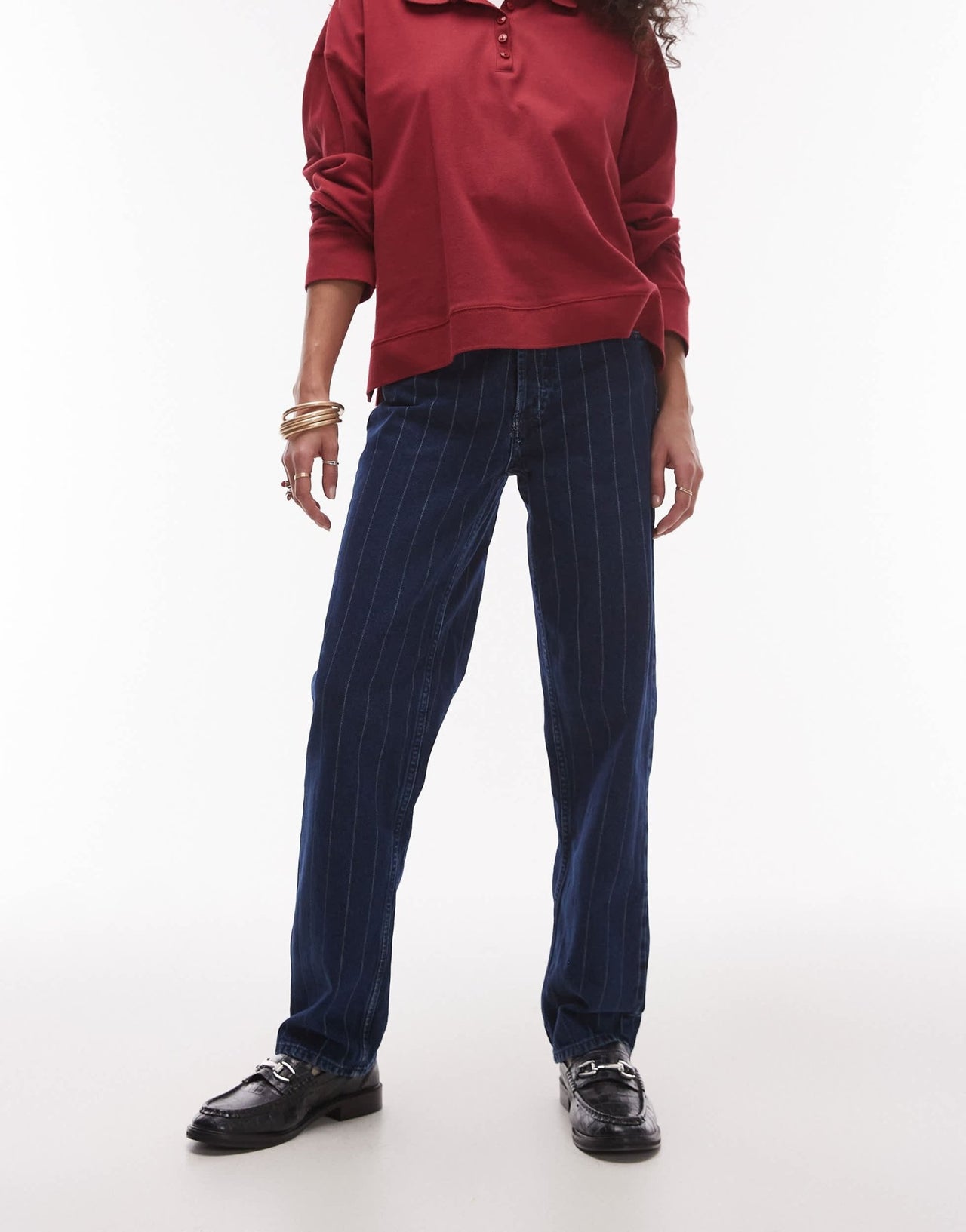 Topshop Runway mid rise straight jean in blue pinstripe - ASOS Sample Sale