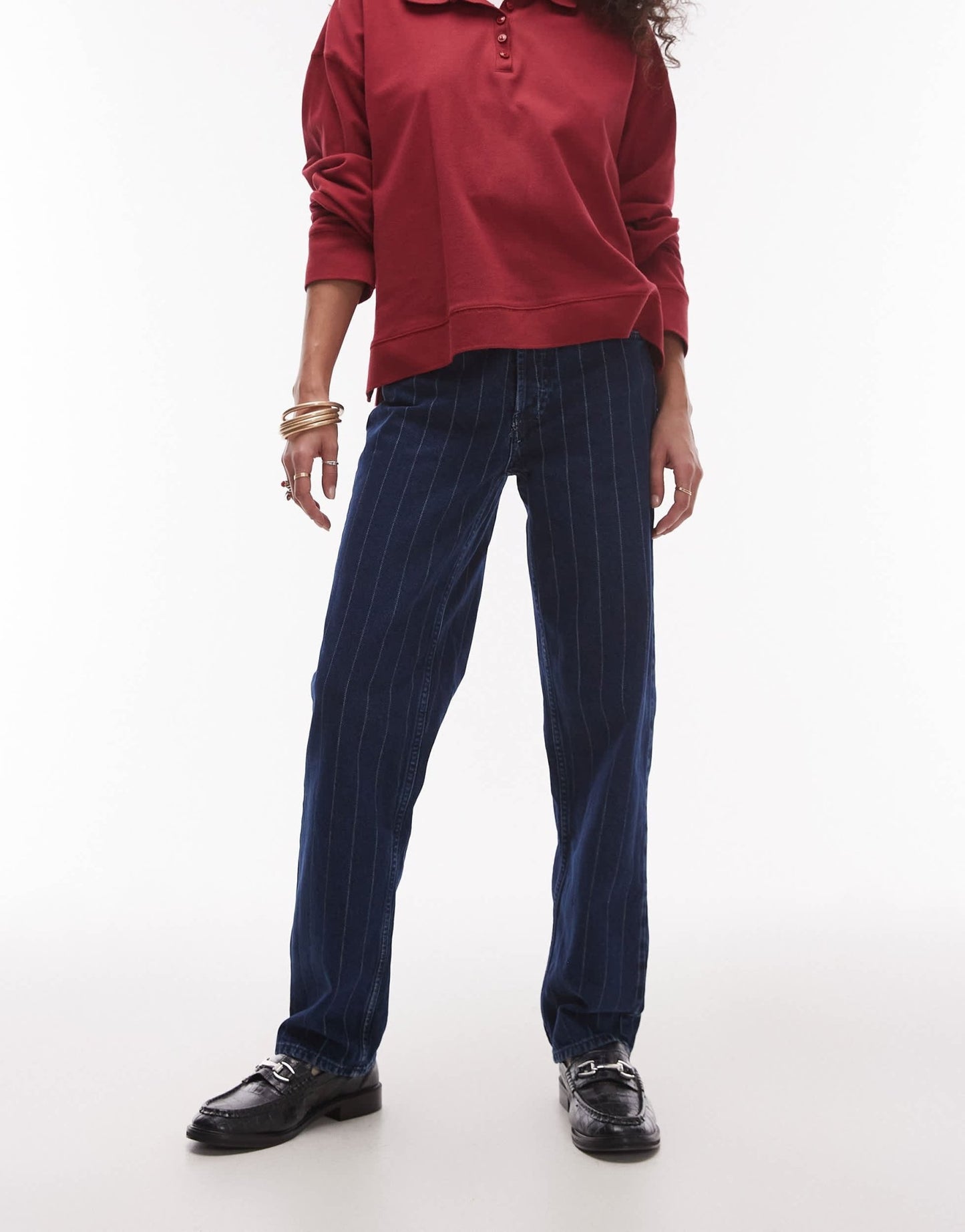 Topshop Runway mid rise straight jean in blue pinstripe - ASOS Sample Sale