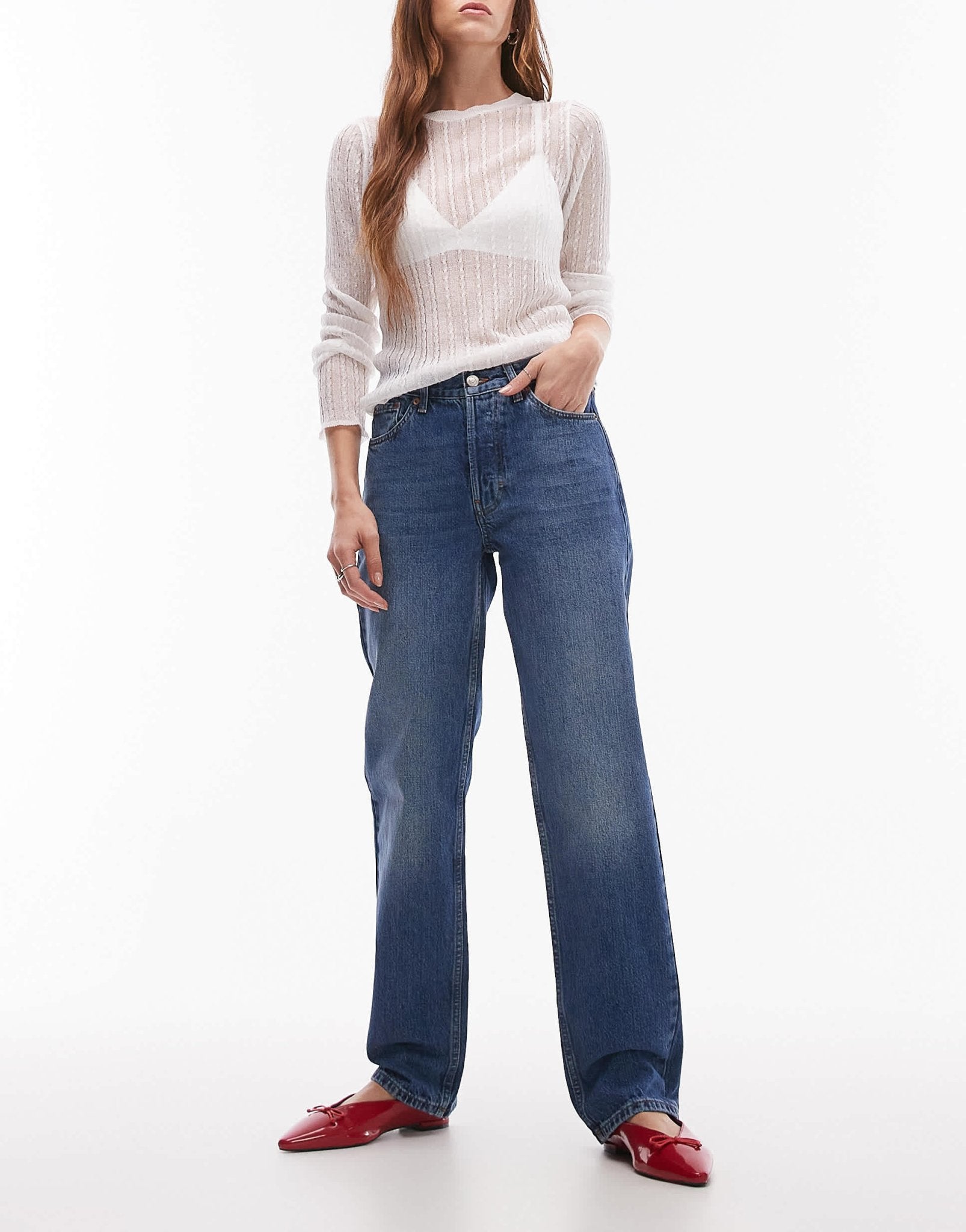 Topshop Runway mid rise straight jean in mid blue - ASOS Sample Sale