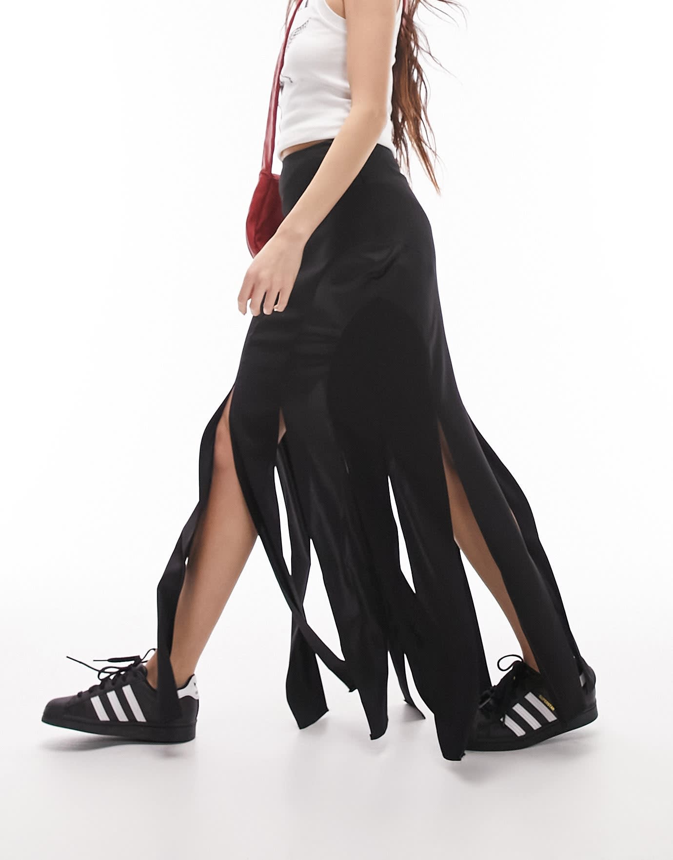Topshop satin and crepe splice midi skirt in black - ASOS Sample Sale