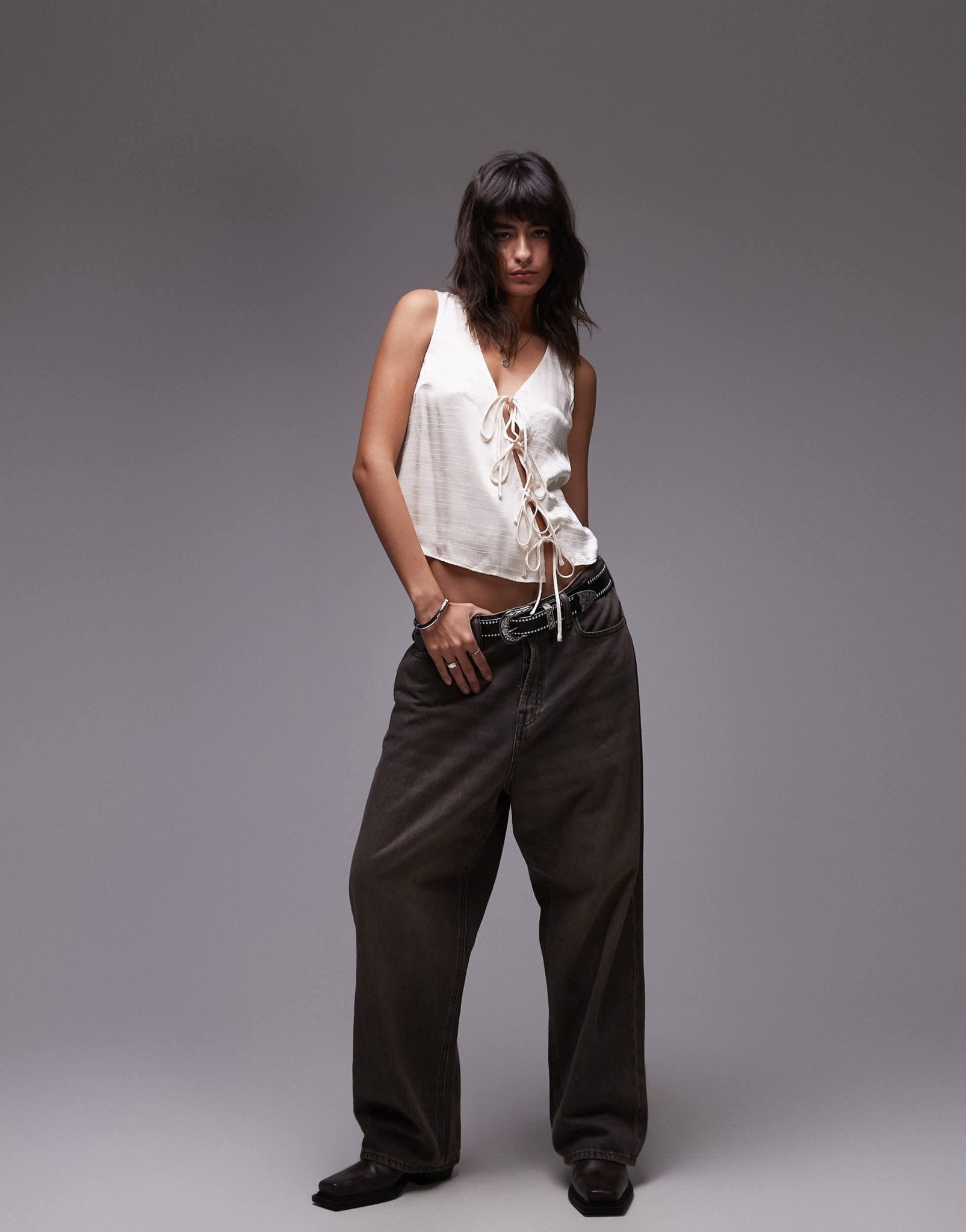 Topshop satin aysmmetric tie waistcoat in ivory - ASOS Sample Sale