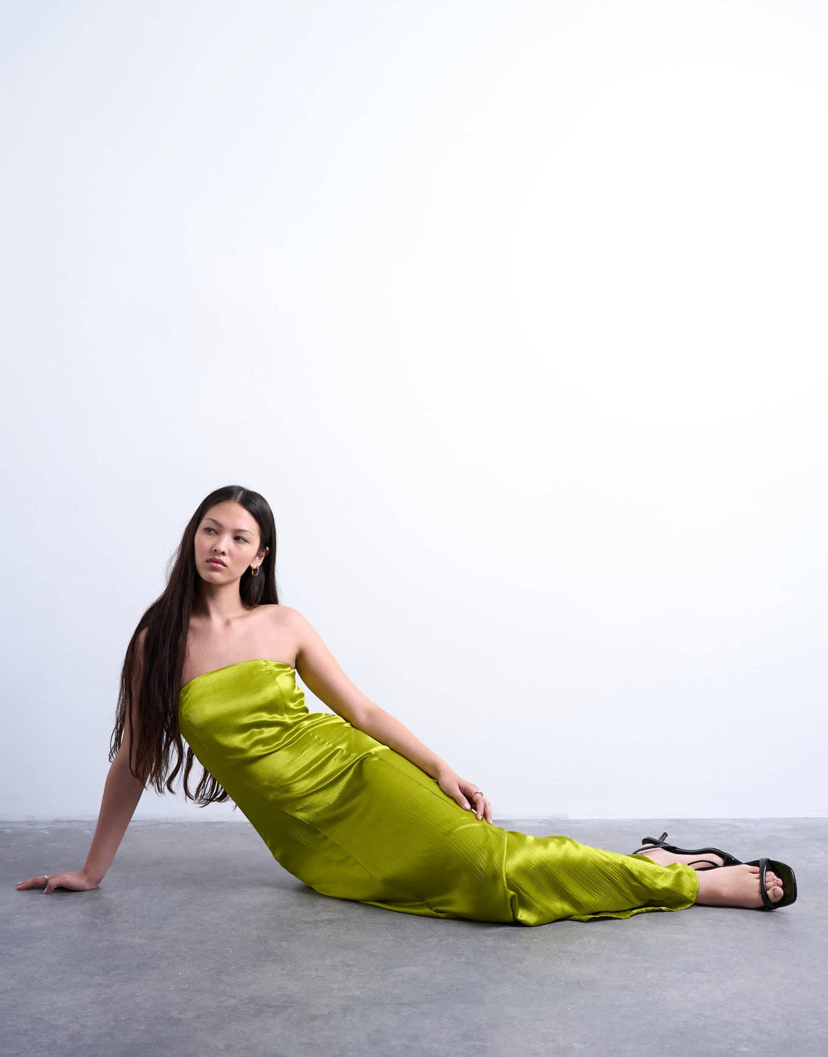 Topshop satin bandeau maxi dress in green - ASOS Sample Sale