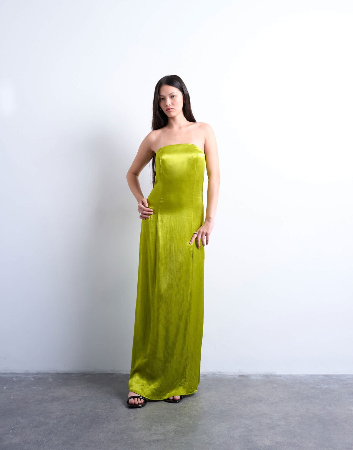 Topshop satin bandeau maxi dress in green - ASOS Sample Sale